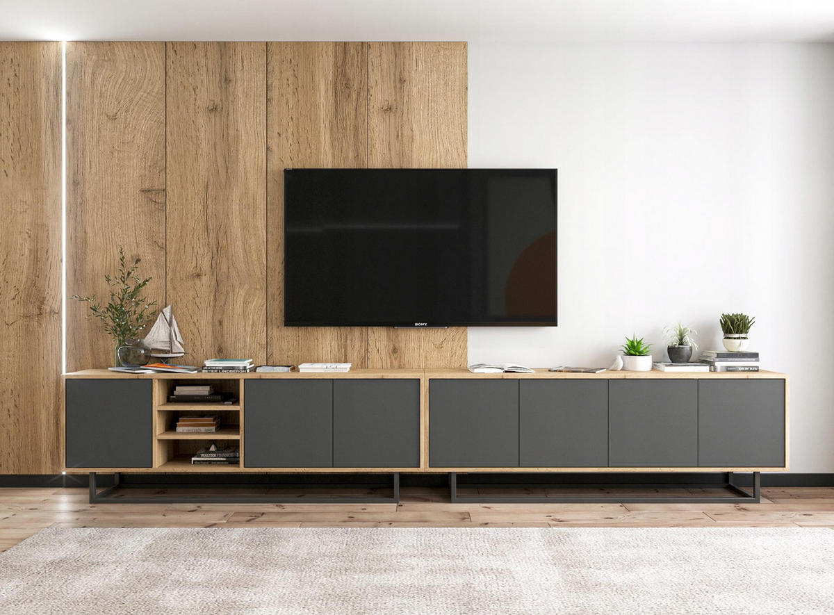 TV-LOWBOARD Apollo Eiche wotan Graphit Matt 150/53/35 cm - Graphitfarben/Schwarz, Holzwerkstoff/Metall (150/53/35cm) - Meble Lindner