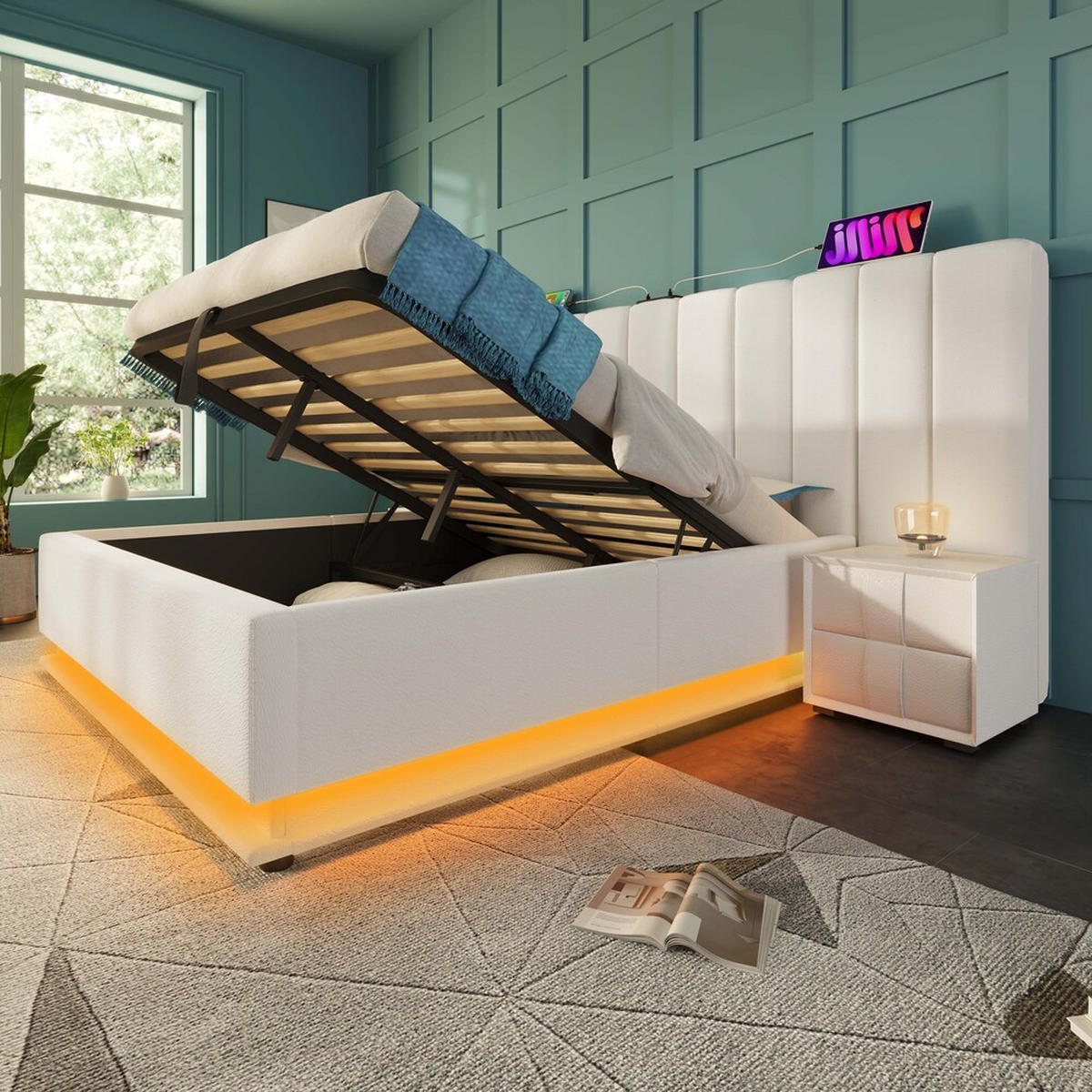 POLSTERBETT 180x200cm Doppelbett mit App LED & USB-C Stauraum Weiß - Weiß, Holz - FLIEKS