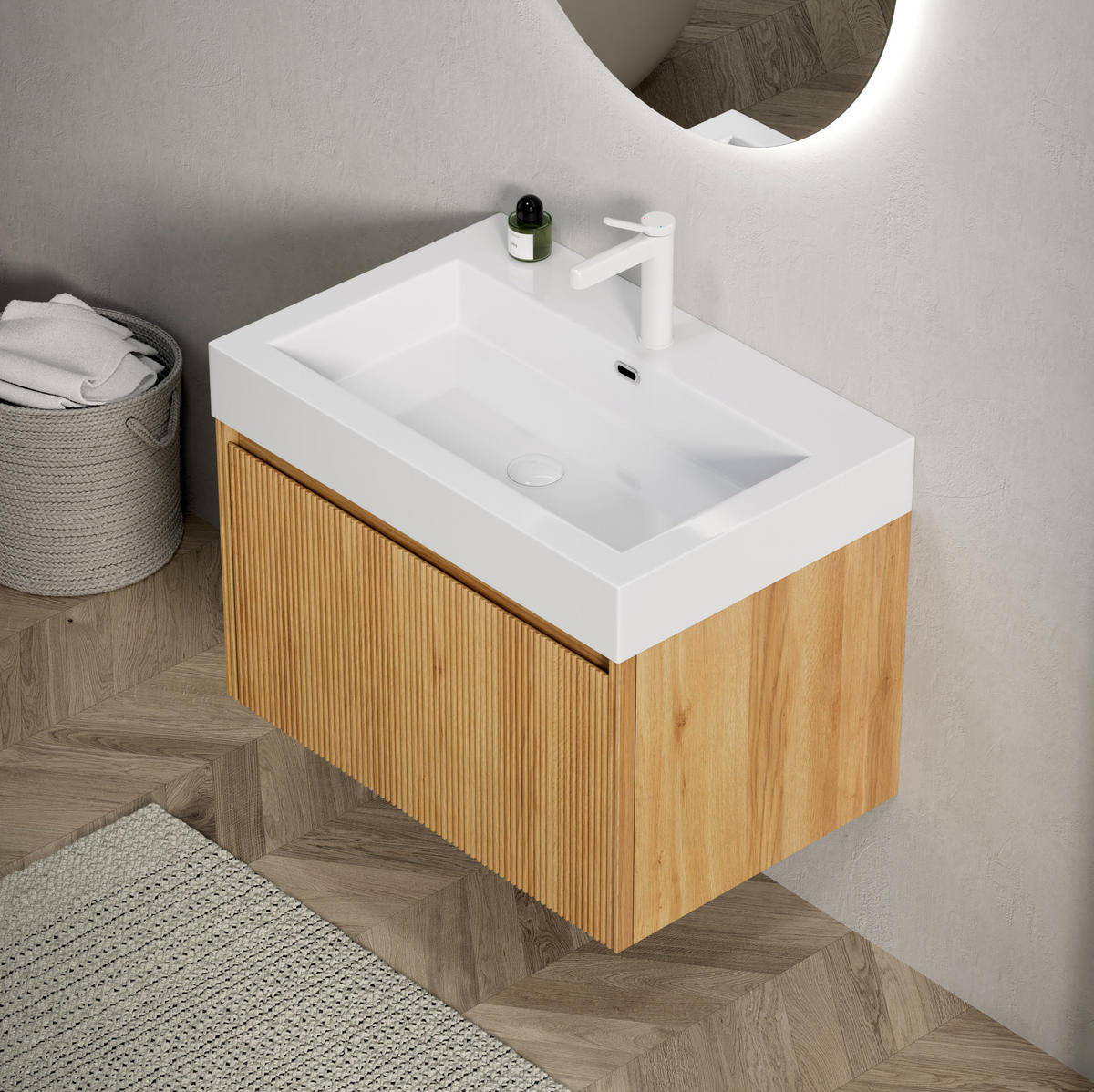 WASCHTISCHUNTERSCHRANK 70x46x50cm Naturholz/Weiß mit Resinbecken & LED-Schubladensystem - Naturfarben, Kunststoff (70/50/46cm) - Modfu