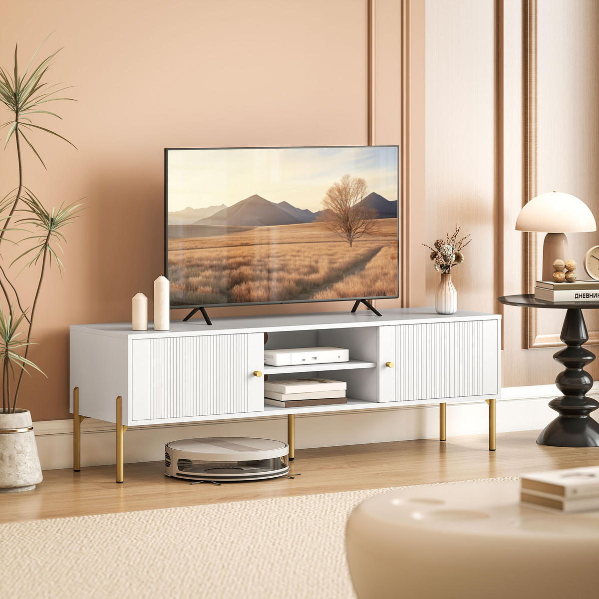 TV-LOWBOARD Weiß/Goldfarben 140/38/45,9 cm, 2 Türen, 2 offene Fächer, Metallfüße - Weiß, Holzwerkstoff (140/45.9/38cm) - PANGIVO