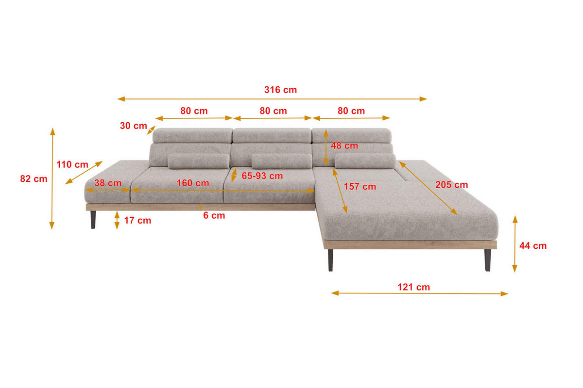 ELEKTRISCHES ECKSOFA Rechts MONA 316x205x85 Hellgrau Velours - Hellgrau, Holzwerkstoff/Textil (316/205cm) - ALTDECOR