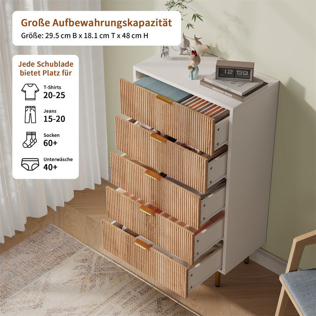 KOMMODE mit 5 Schubladen - vertikale Rillen und goldene Metallbeine - Naturholz und Weiß - Eichefarben, Holzwerkstoff (60/109.8/34cm) - DELFA