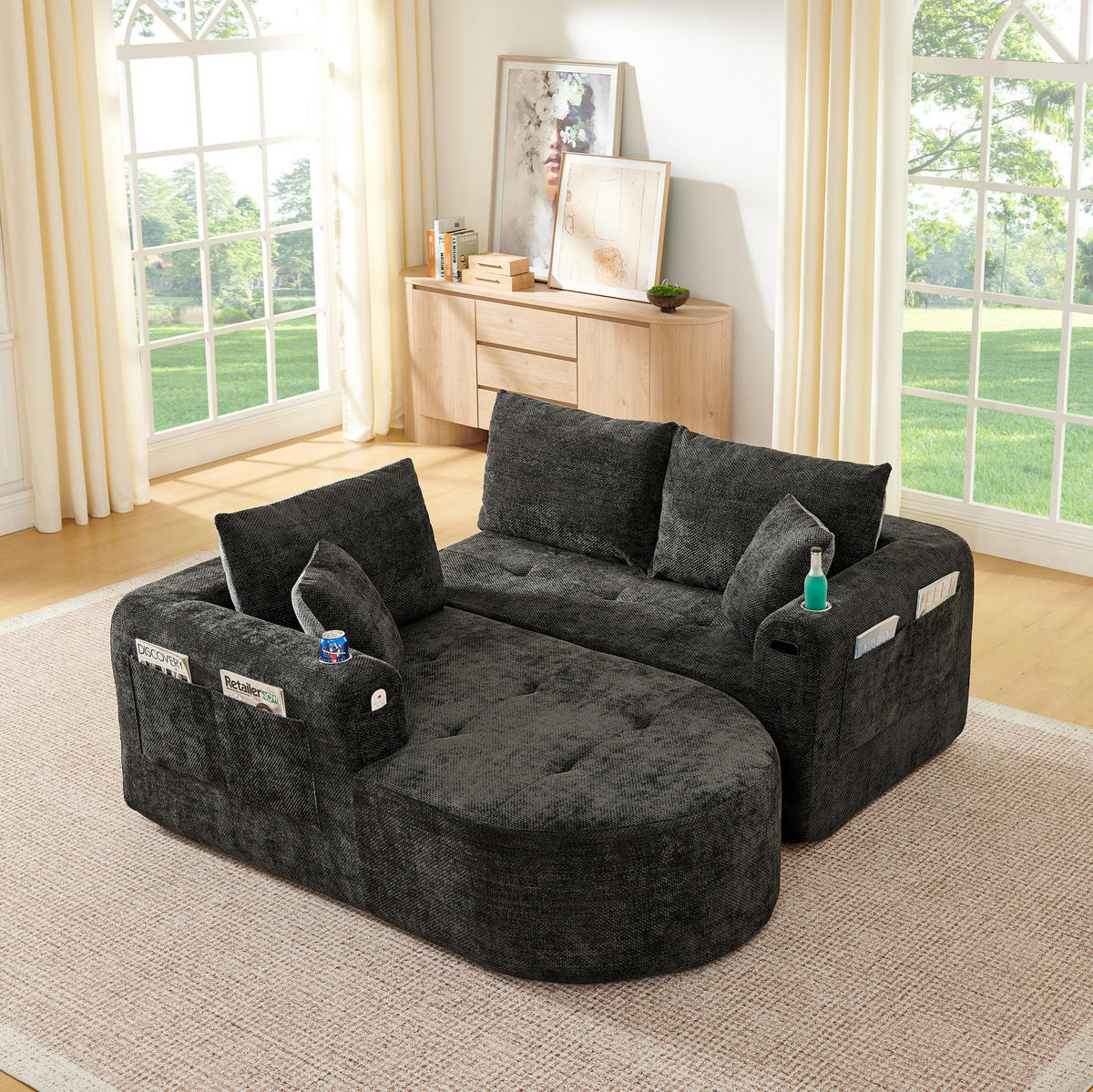 ECKSOFA L-Form Schwarz mit Becherhalter und Seitentaschen - Schwarz, Textil (170/255cm) - Meubliv