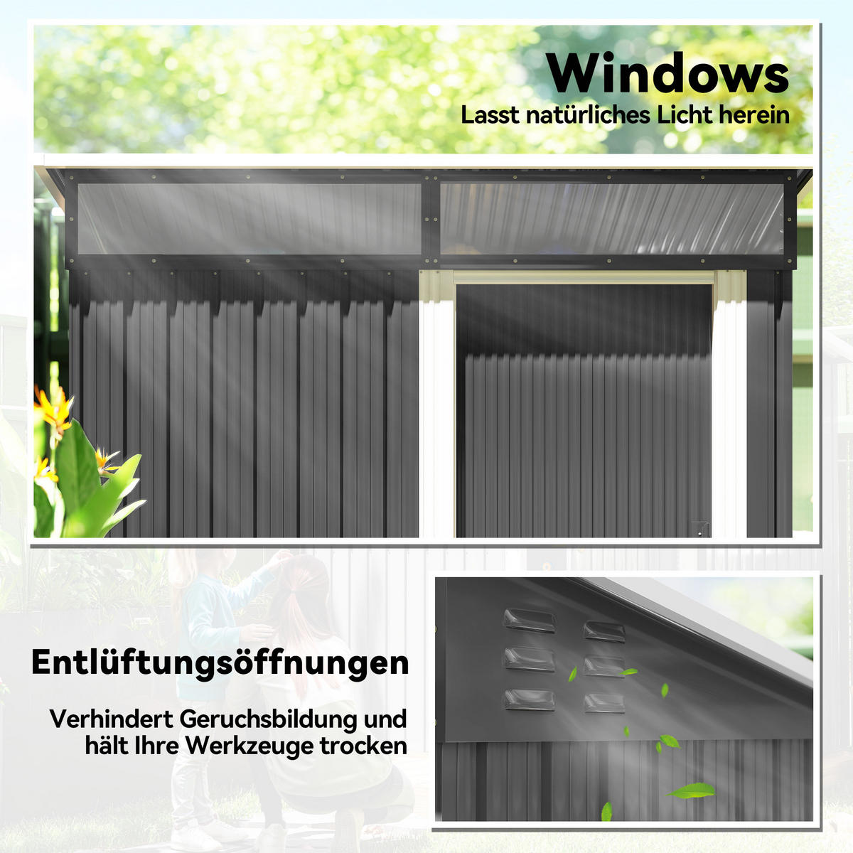 GARTENSCHUPPEN DE-08077 mit Fenster & Schiebetür Dunkelgrau - Dunkelgrau, Metall (122/182/195cm) - ComfortXL