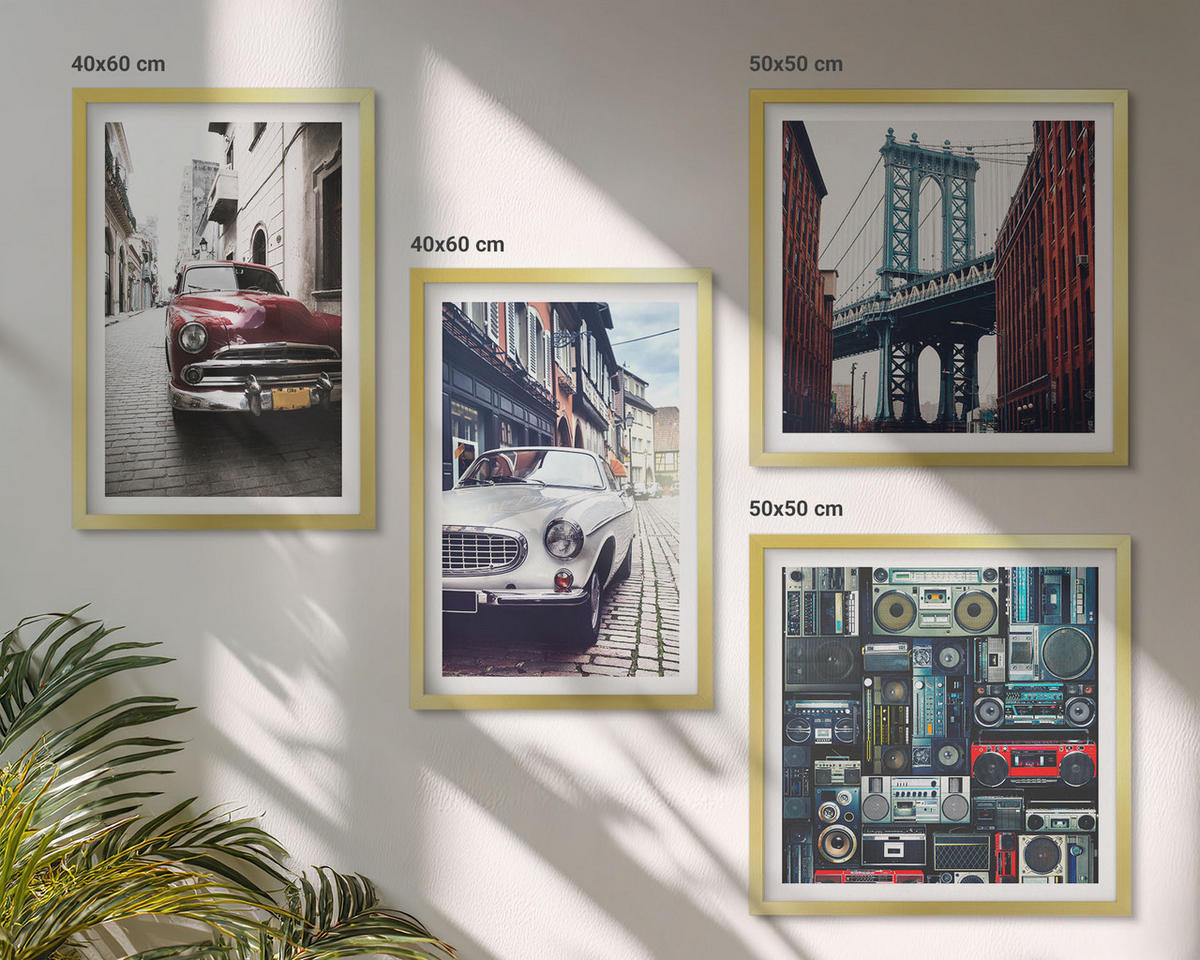 WANDBILDER 4er Set - 50x50 cm & 40x60 cm Goldrahmen - Old Cars Brooklyn Retro-Audio - Goldfarben, Kunststoff (50/50cm) - ArtPrintCave