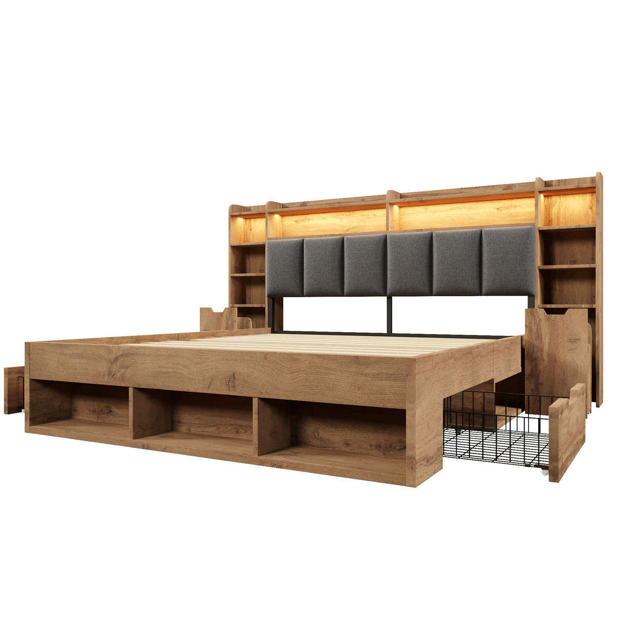 POLSTERBETT 180/200 cm Eiche mit LED-Beleuchtung, USB- und Type-C-Anschlüssen und Rollschubladen - Eichefarben, Holz (180/200cm) - Oxeza