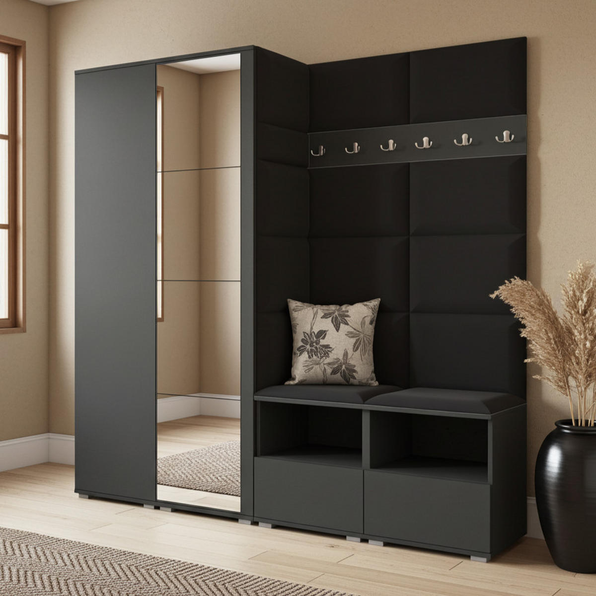 GARDEROBE NELA VI 200 cm (Modulare Flurmöbel Graphit mit Spiegel & Sitzpolster Schwarz 16 Universell) - Silberfarben/Schwarz, Holz/Holzwerkstoff (200/187/40cm) - Ravio