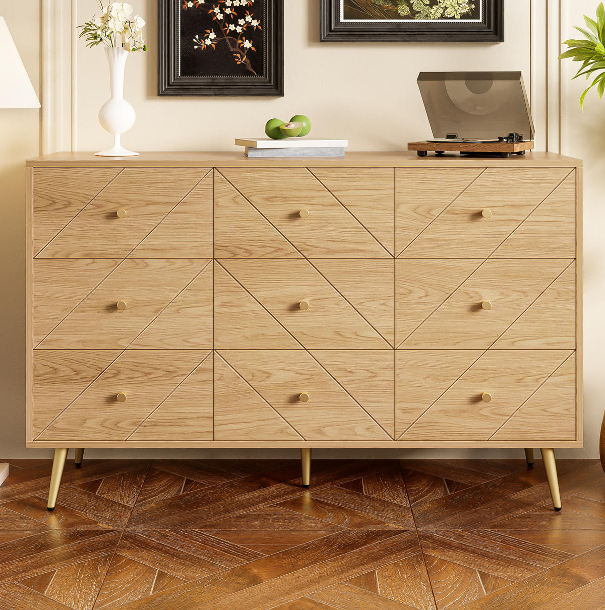 KOMODA z 9 predali v naravni barvi, 120/39/80 cm - naravne barve, leseni material (39/80/120cm) - OKMYHOME
