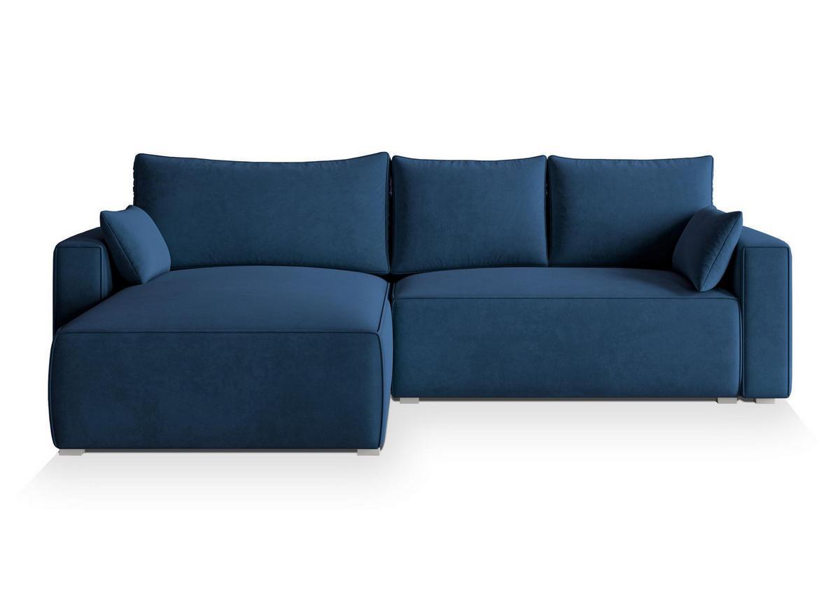 ECKSOFA FORIL Blau Velours-Stoff mit Schlaffunktion - Blau, Holz (265/178cm) - MASSENO
