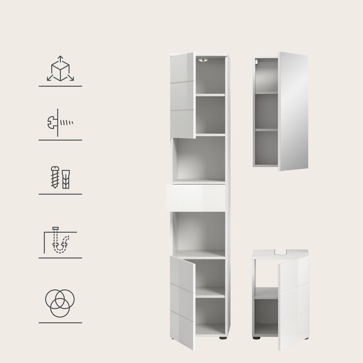 BADMÖBEL Set Vira 3tlg. Bad Kombination in Weiß (B/H/T: 91x190x34 cm) - Weiß, Holz (91/190/34cm)