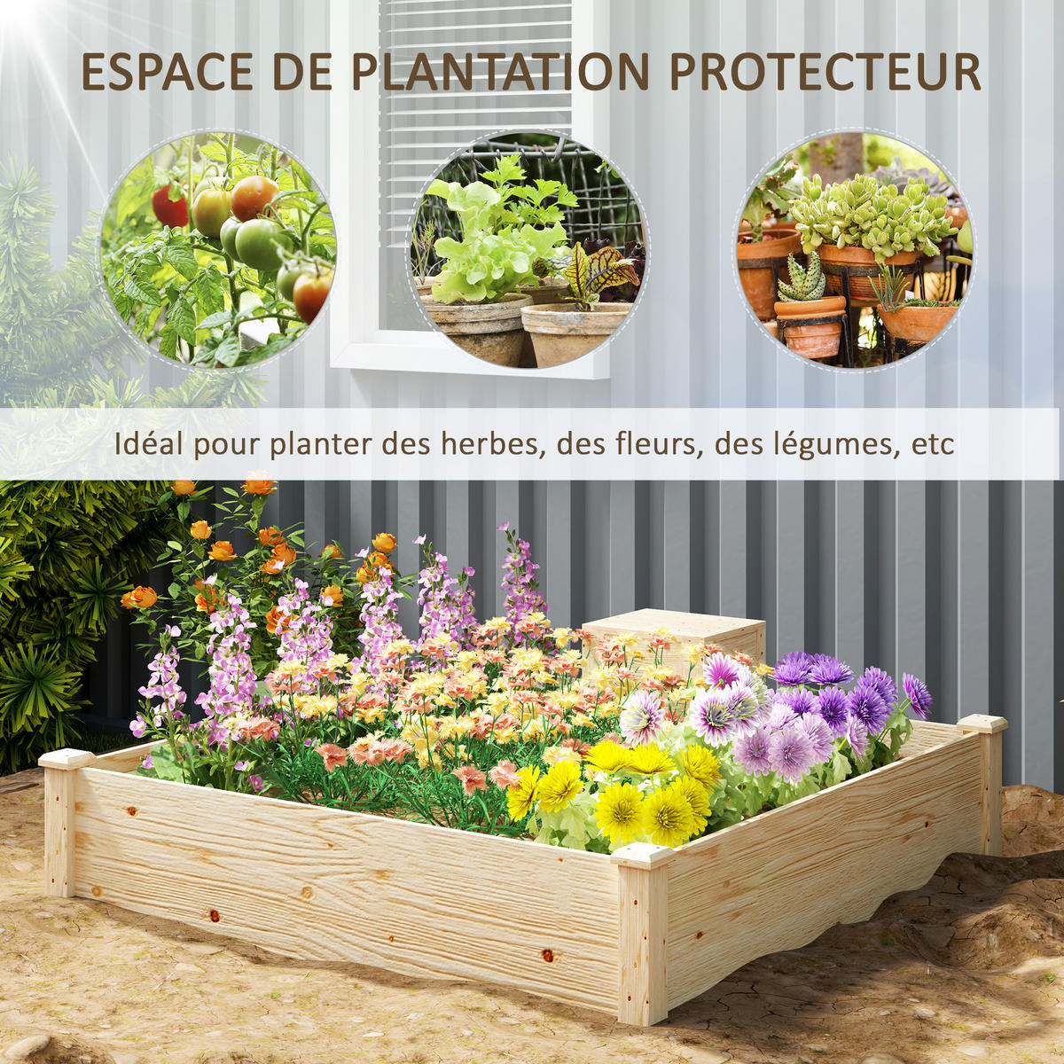 HOCHBEET DE-12229 123/123/25 cm mit Komposter Naturholz - Naturfarben, Holz (123/25.5/123cm) - ComfortXL