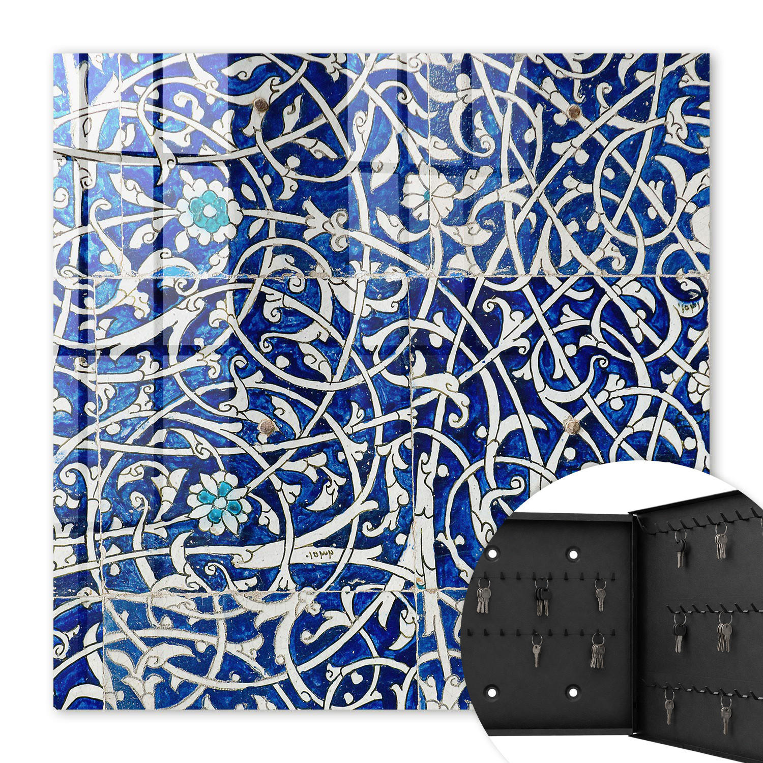 SCHLÜSSELBOX Schwarz 30x30 cm- Türöffnung nach rechts - Blaue Arabeske - Blau, Metall (30/30/5cm) - TULUP