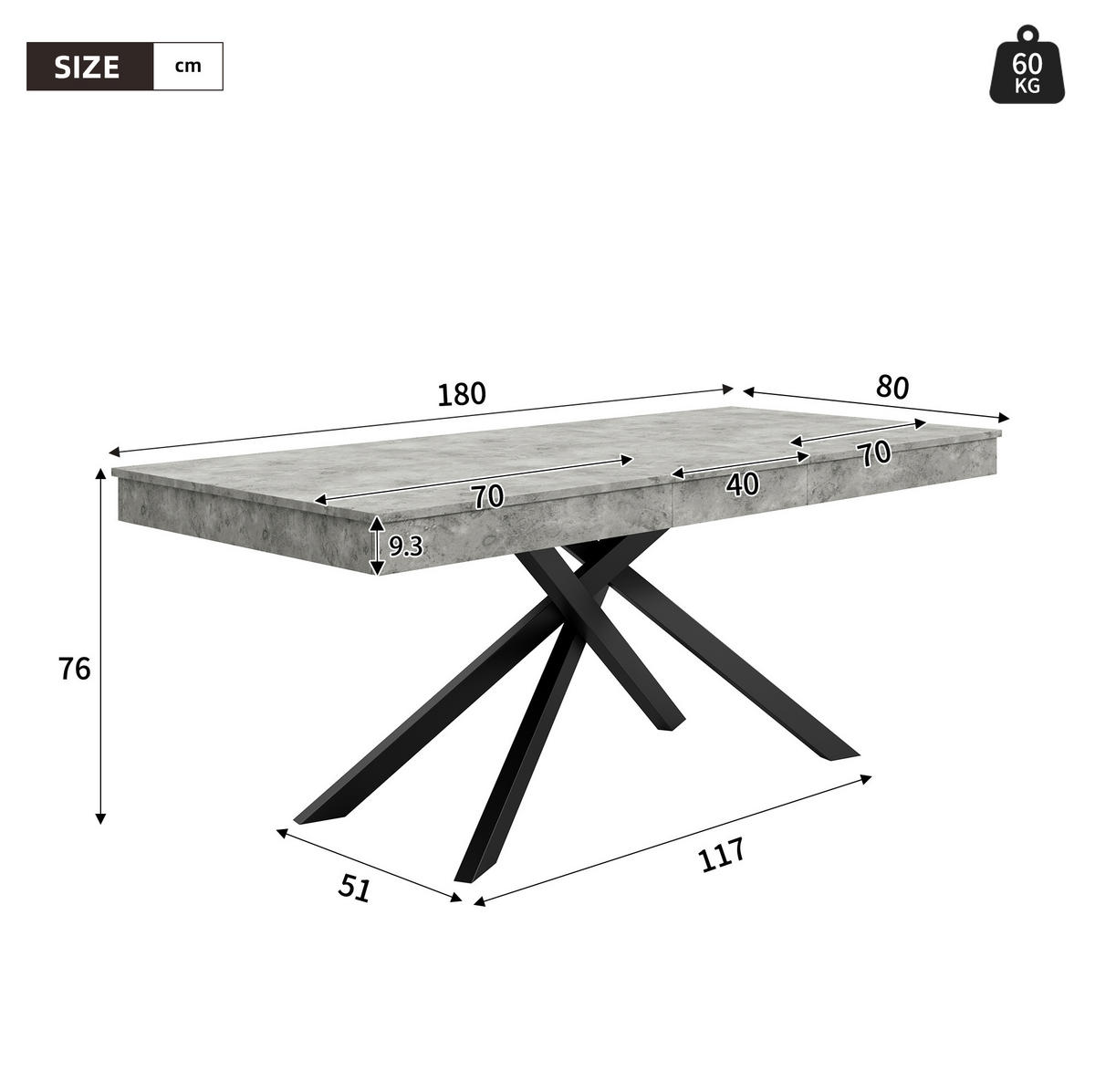 ESSTISCH ausziehbar 140-180 cm MDF Metall Grau 6-8 Personen - Grau, Metall (180/80/76cm) - Meubliv