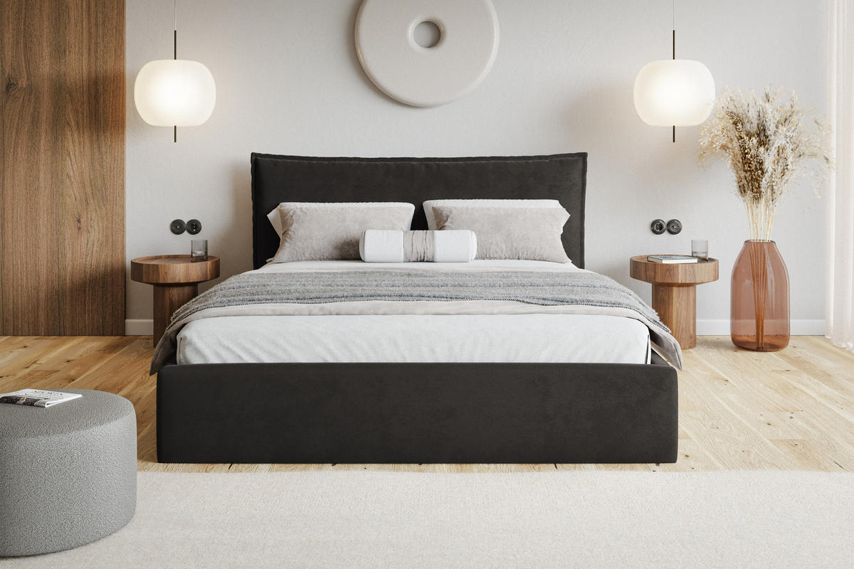 POLSTERBETT 180x200 cm Zenito Slim mit Kissen-Kopfteil, Bettkasten, Schwarz - Schwarz, Holz/Textil (180/200cm) - Emporius