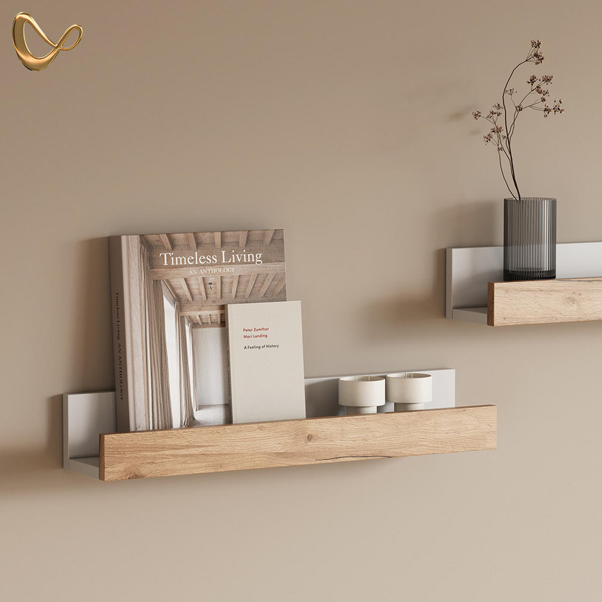 WANDREGAL Lorena Weiß/Goldkraft Eiche 60 x 10 cm 2er Set - Weiß, Holzwerkstoff (60/10/12cm) - Livinity®