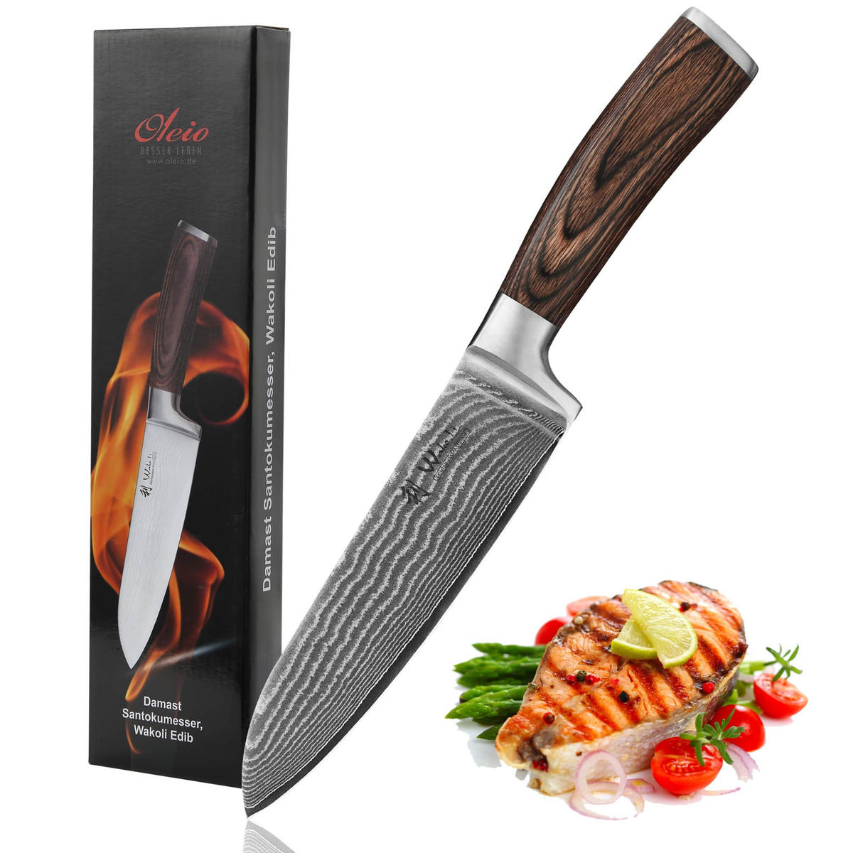 SANTOKU Damastmesser I EDIB - Braun, Holz/Metall (30cm) - Wakoli