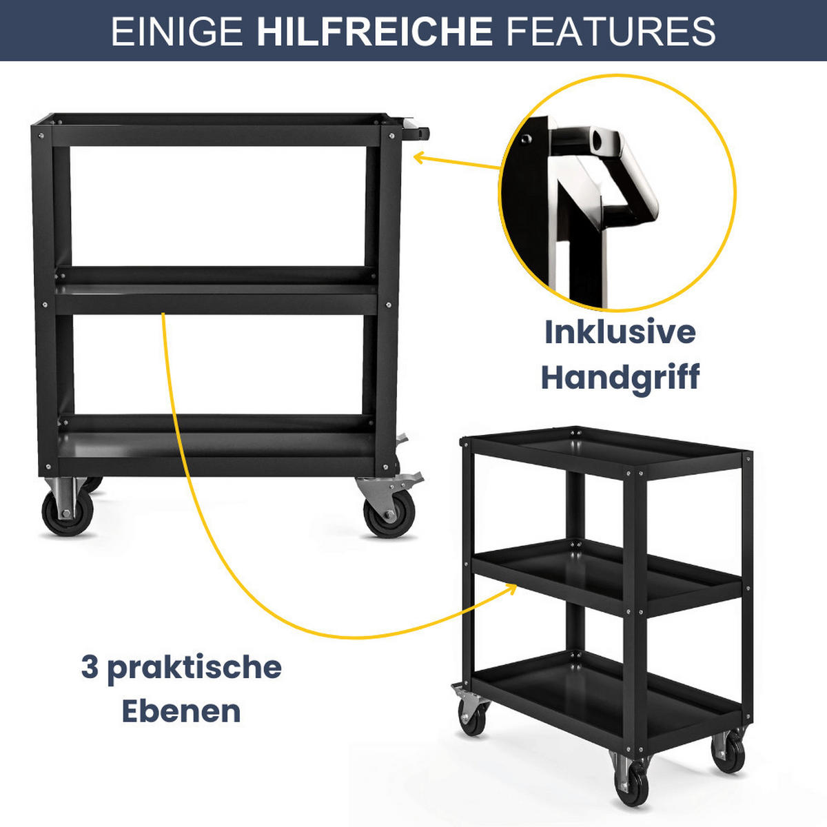 TISCHWAGEN mit Rollen Werkstattwagen AGUS 81,6x70x40cm Schwarz - Schwarz, Metall (70/81.6/40cm) - DELUKE