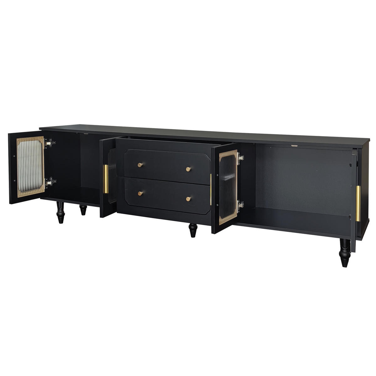 TV-SCHRANK 175/38/55,5 cm schwarz mit geriffelten Glastüren und goldenen Griffen - Schwarz, Holzwerkstoff (175/55.5/38cm) - OKWISH