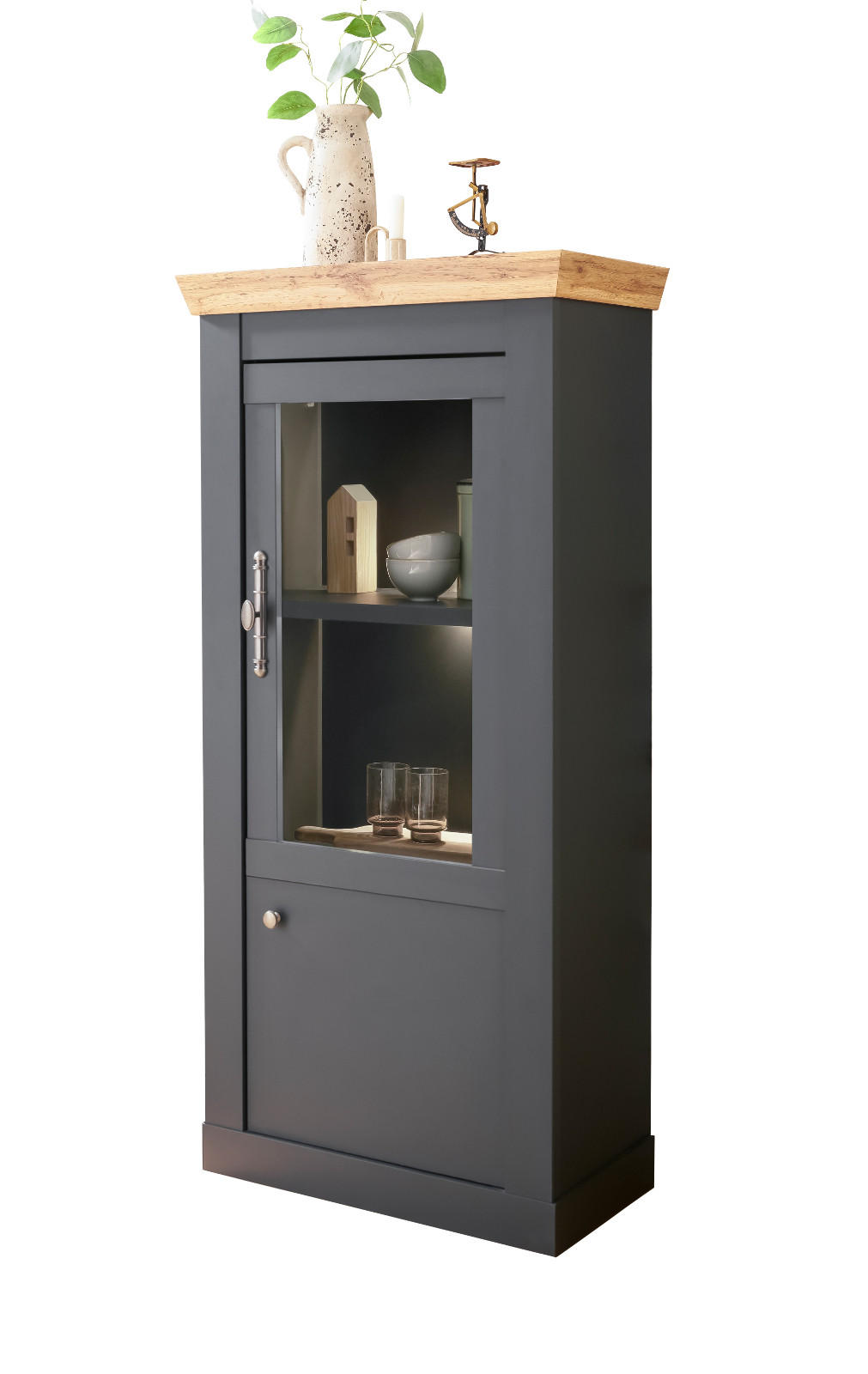 VITRINENSCHRANK grau, Eiche Wotan, Landhaus 72cm, Vitrine mit Soft-Close - Silberfarben/Eiche Wotan, Glas/Holzwerkstoff (72/146/38cm) - Furn.Design