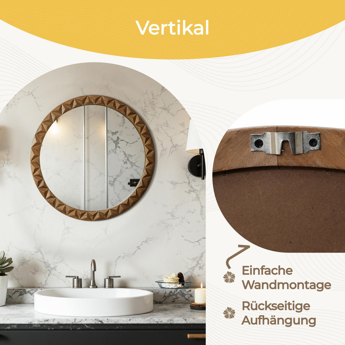 52CM H Runder Wandspiegel mit Kiefernholzrahmen, Geeignet für Badezimmer, Wohnzimmer und Schlafzimmer - Dunkelbraun, Glas/Holz (52/3.5/52cm) - Hometopia