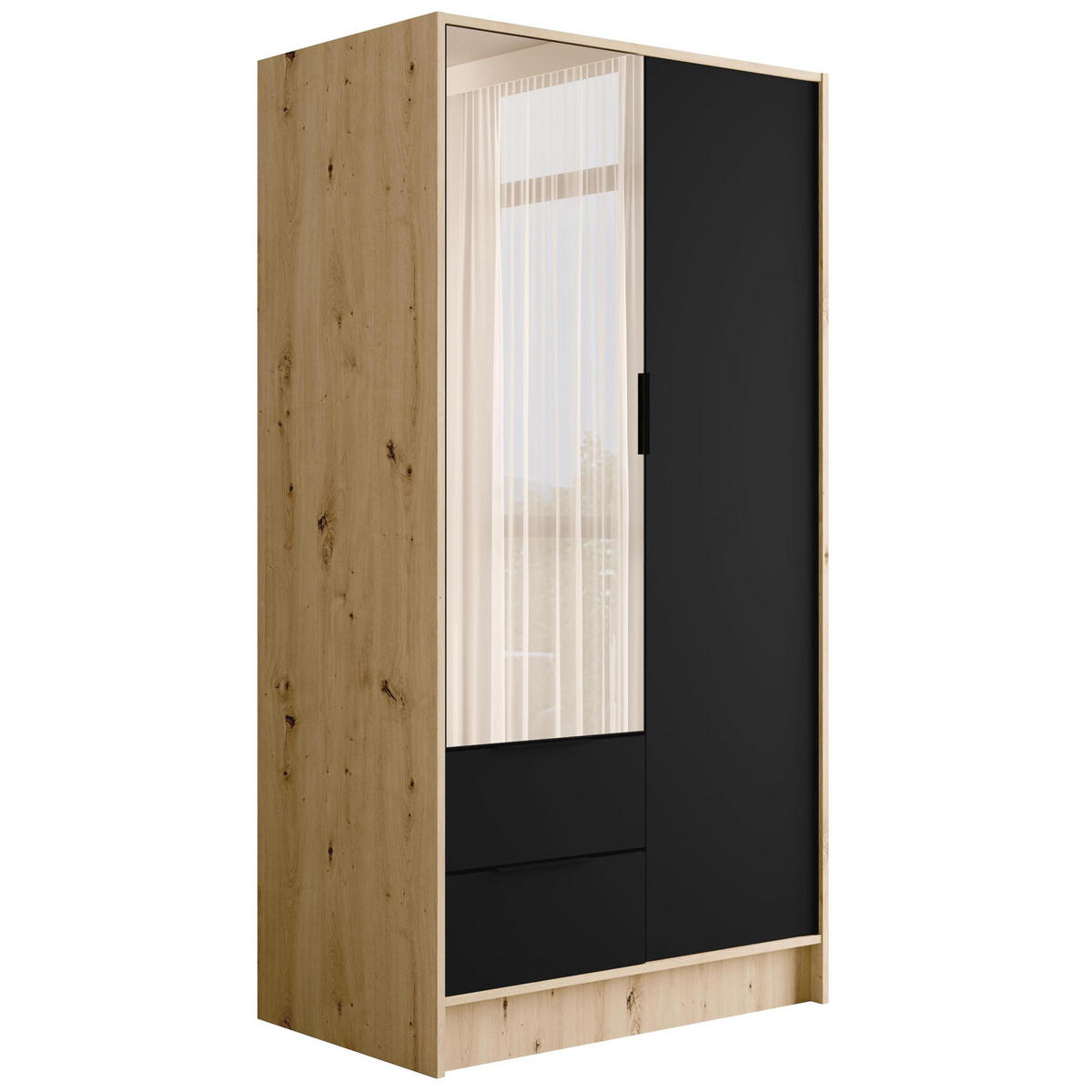 KLEIDERSCHRANK mit Spiegel und Flügeltüren KOLIN 100x200cm Artisan/Schwarz - Schwarz/Eiche Artisan, Holzwerkstoff (102/200/51cm) - ALTDECOR