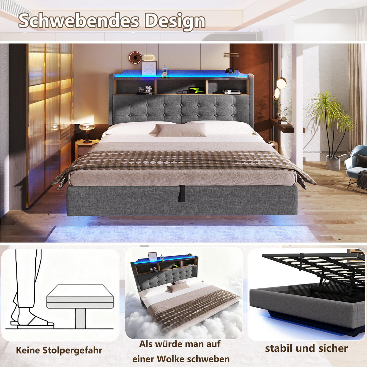 POLSTERBETT 180/200 cm in Grau mit Stauraum, LED, USB- und Type-C-Anschlüssen, Leinenbezug und schwebendem Design - Grau, Holzwerkstoff/Textil (180/200cm) - STILVORA