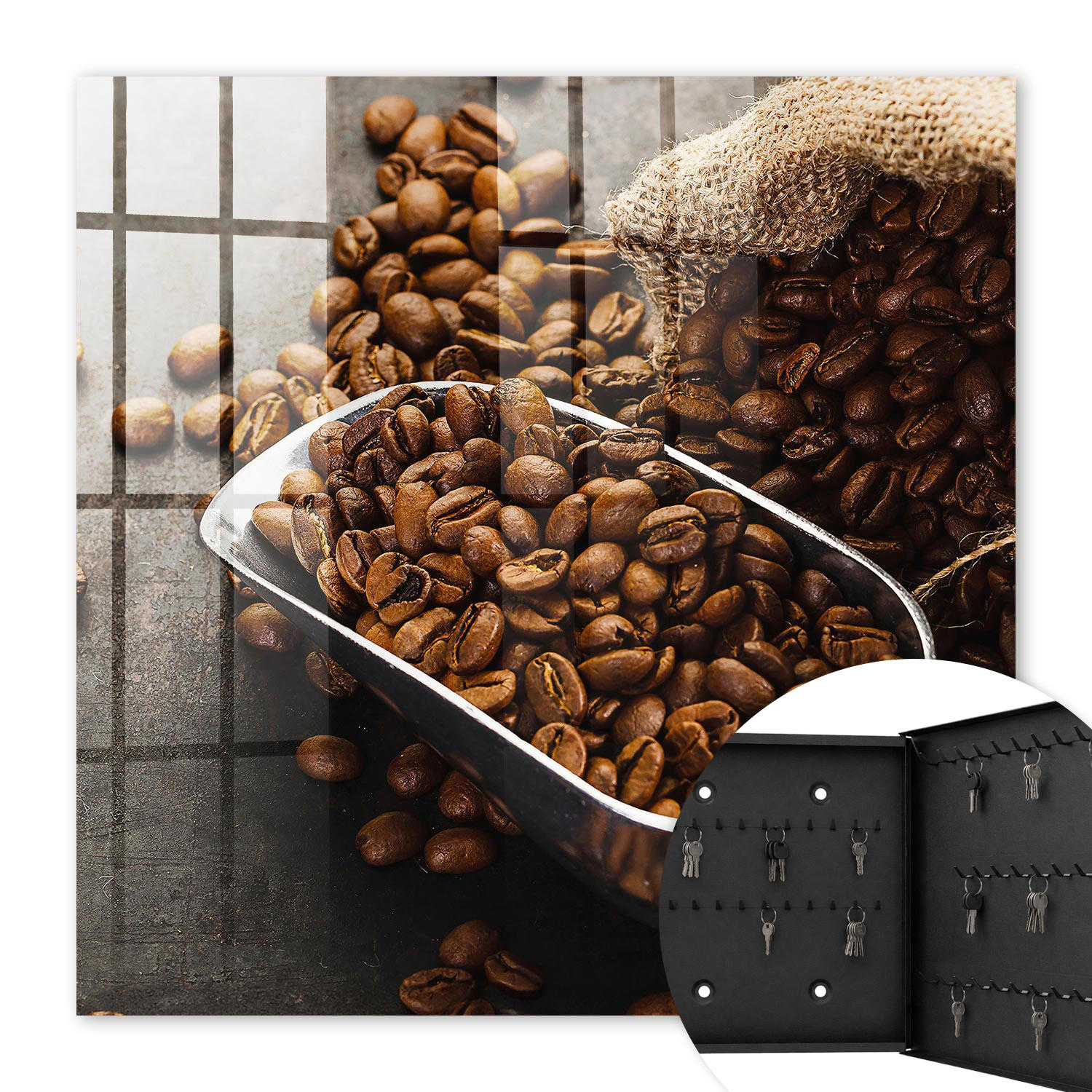 SCHLÜSSELBOX Schwarz 30x30 cm- Türöffnung nach rechts - Kaffeebohnen - Braun, Metall (30/30/5cm) - TULUP