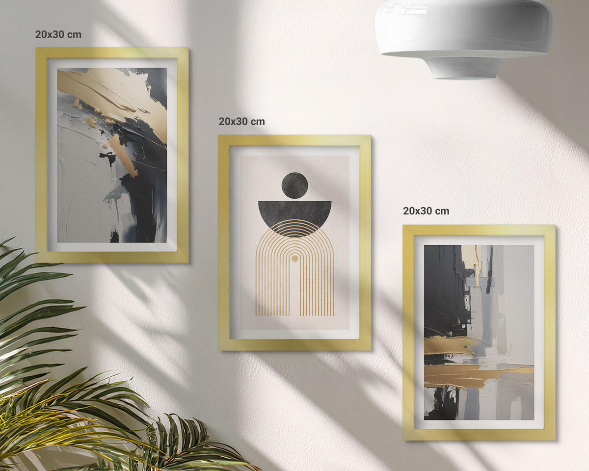 BILDER SET 3er Set - 20x30 cm Goldrahmen - Abstrakte Geometrie Eleganz - Goldfarben, Kunststoff (20/30cm) - TULUP