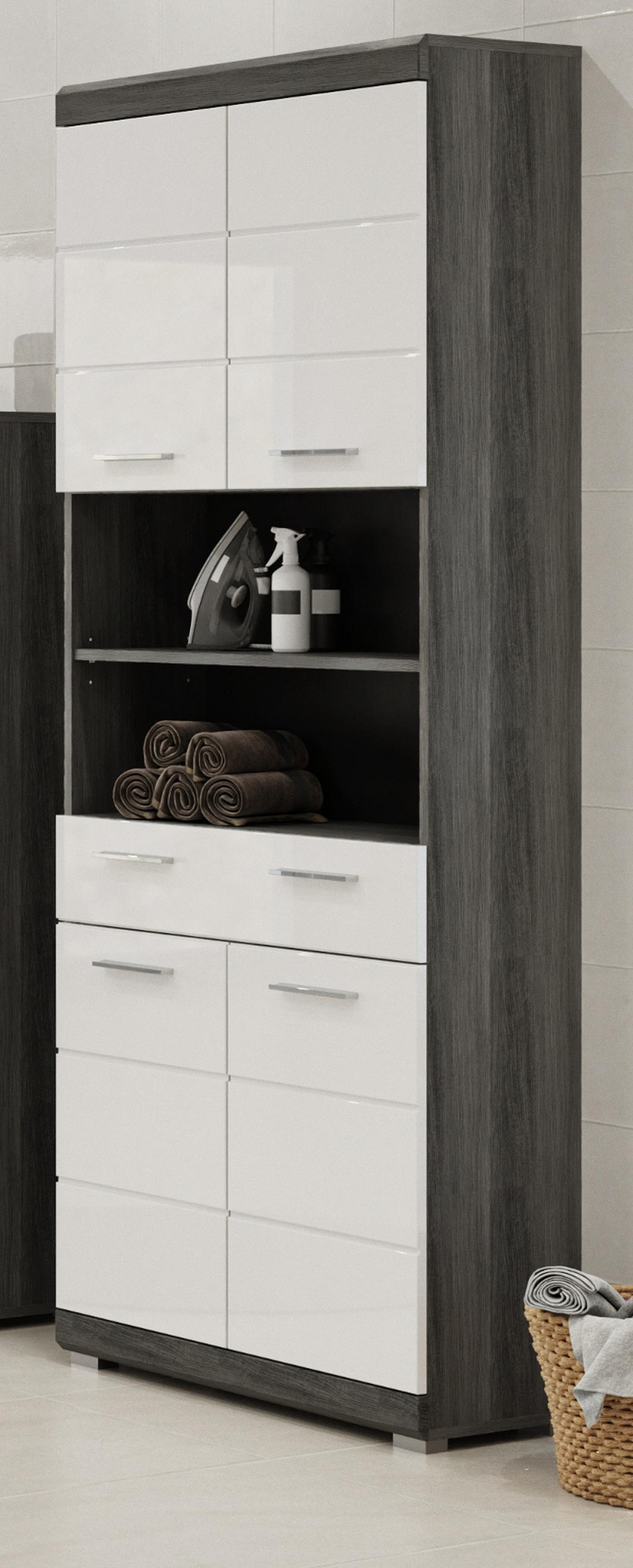 HOCHSCHRANK weiß Hochglanz, grau 4-türig 74 x 191 cm - Chromfarben/Weiß Hochglanz, Holzwerkstoff/Kunststoff (74/191/31cm) - Inn.Furn