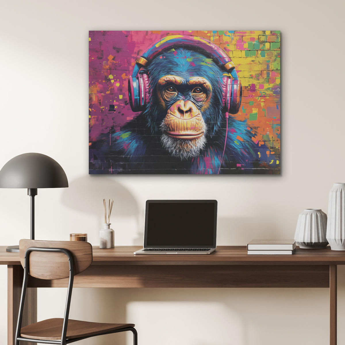 AKUSTIKPANEEL Graffiti - Schimpanse - Straßenkunst - Kopfhörer - Affe 80x60 cm - Blau, Textil (80/0.9/60cm) - MuchoWow