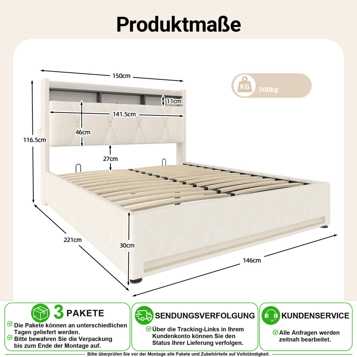 POLSTERBETT 140/200 cm in Beige Samt mit Bettkasten, LED, USB und Type-C - Beige, Holzwerkstoff/Textil (140/200cm) - CHICFURN