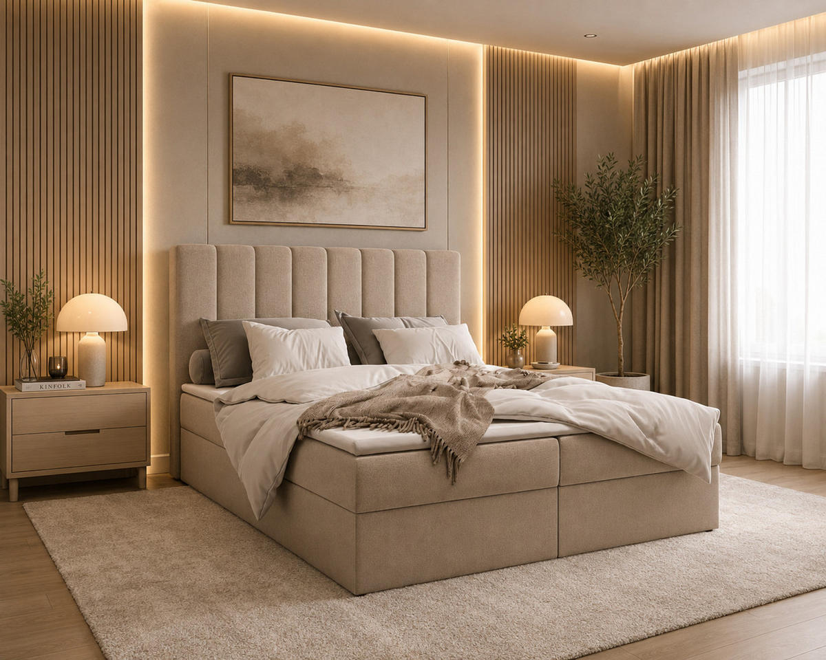 BOXBETT 01 140 x 200 cm - Manila – Stilvoll und bequem Mit Bettkasten, PU-Topper, Federmechanismus, waschbarer Bezug - Beige, Holz (140/200cm) - ROYAL24_MARKT