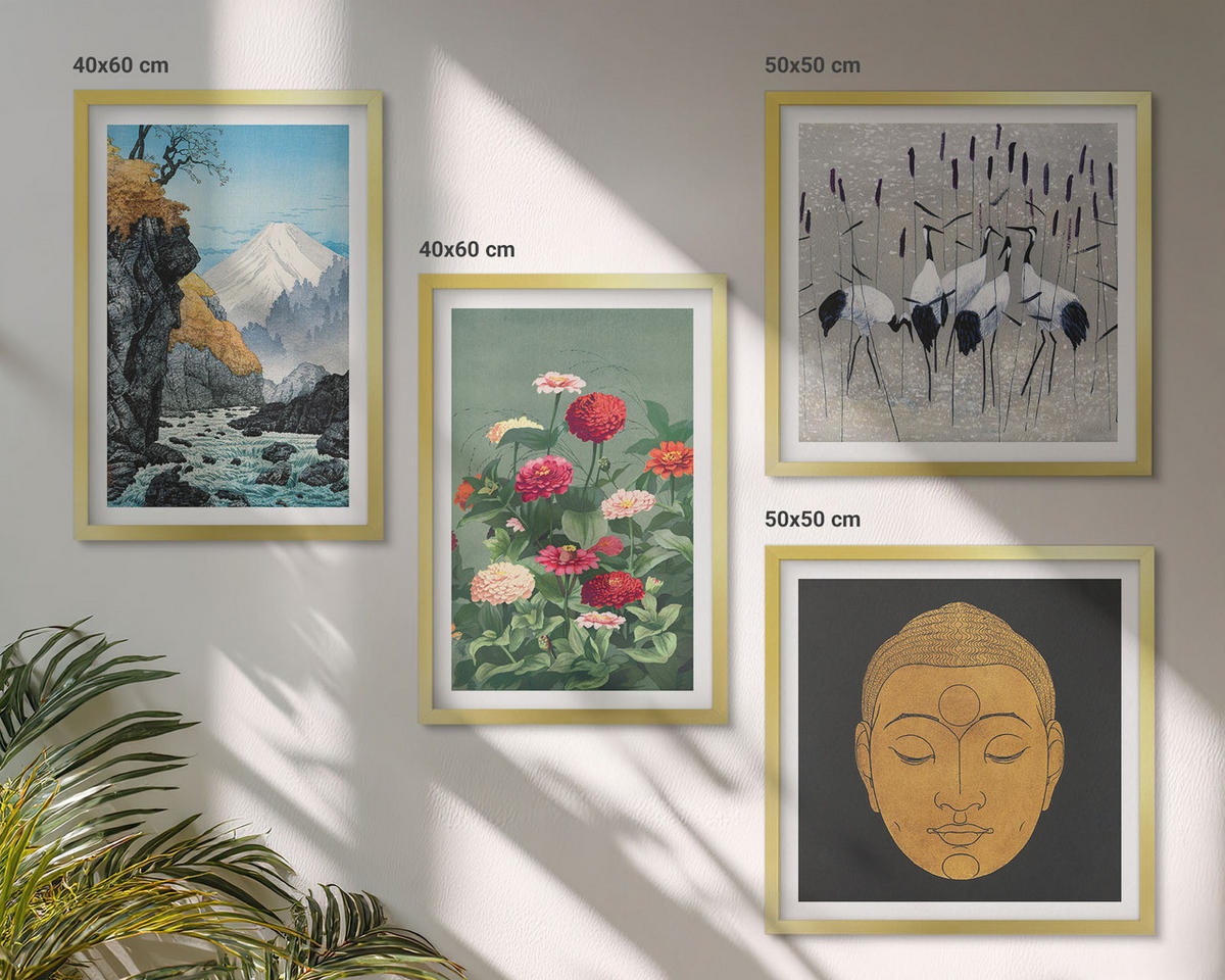 BILDER SET 4er Set - 50x50 cm & 40x60 cm Goldrahmen - Japanische Natur und Japandi-Stil - Goldfarben, Kunststoff (50/50cm) - TULUP