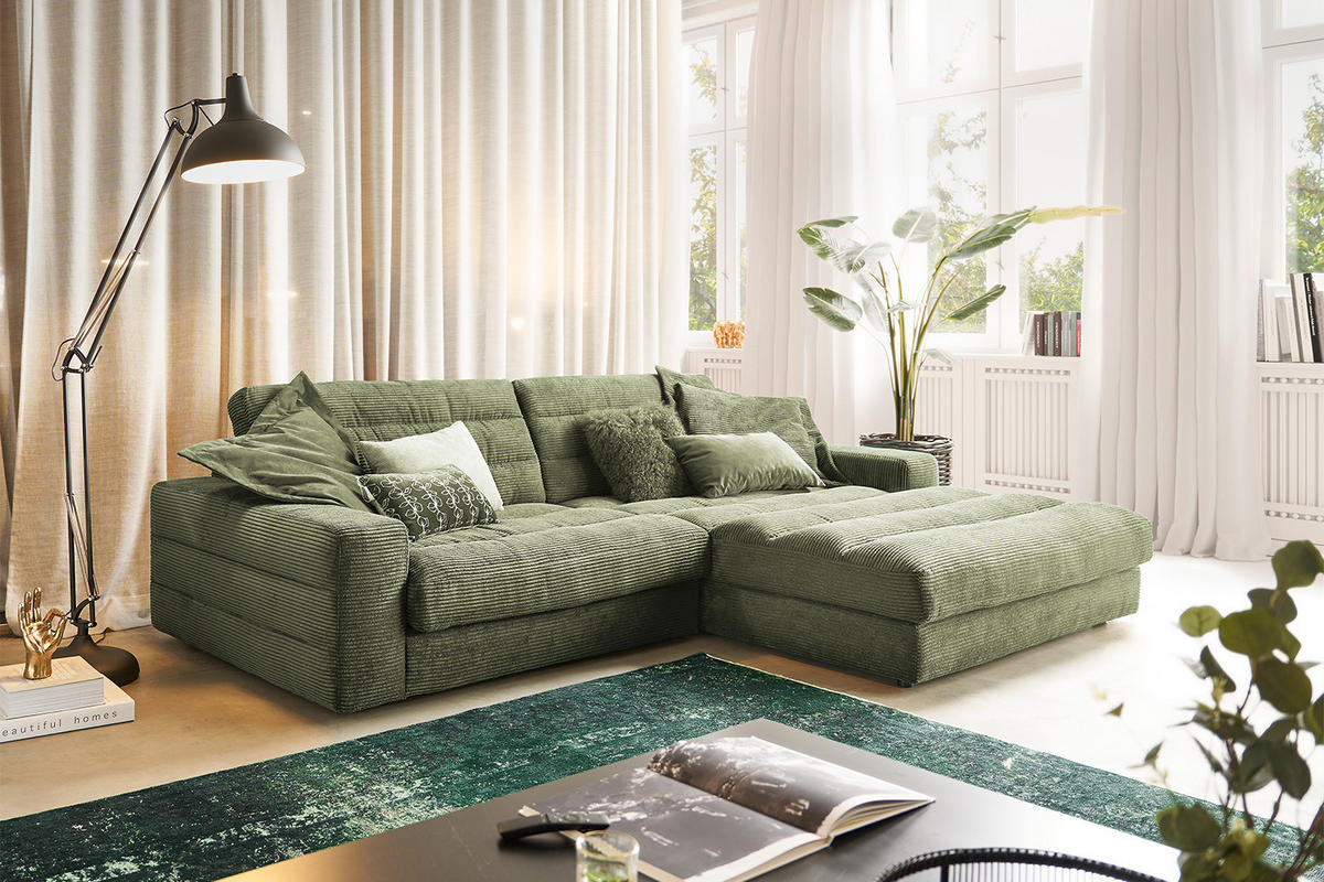 ECKSOFA LANA SOFA Grün Cord - Schwarz/Grün, Textil (296/205cm) - KAWOLA