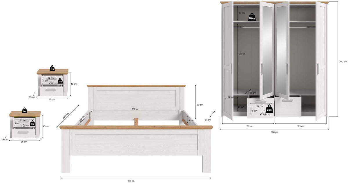 BETTANLAGE Verona Sibiu Lärche Nachbildung 4-tlg. - Lärchefarben, Holzwerkstoff - Xonox