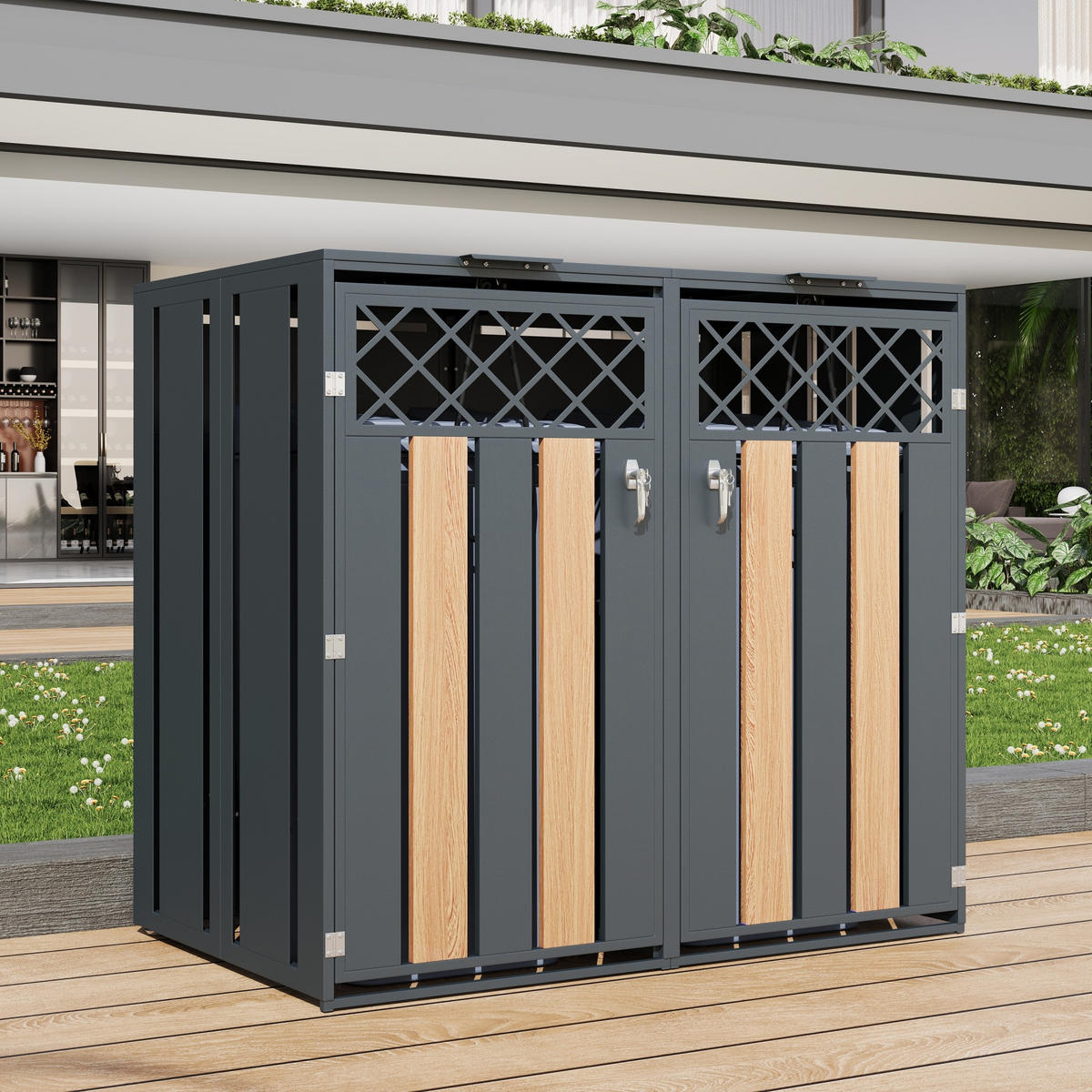 MÜLLTONNENBOX Klappdeckel 2 Türen Lüftung - Grau, Metall (132/118.5/80cm) - LEBENLANG