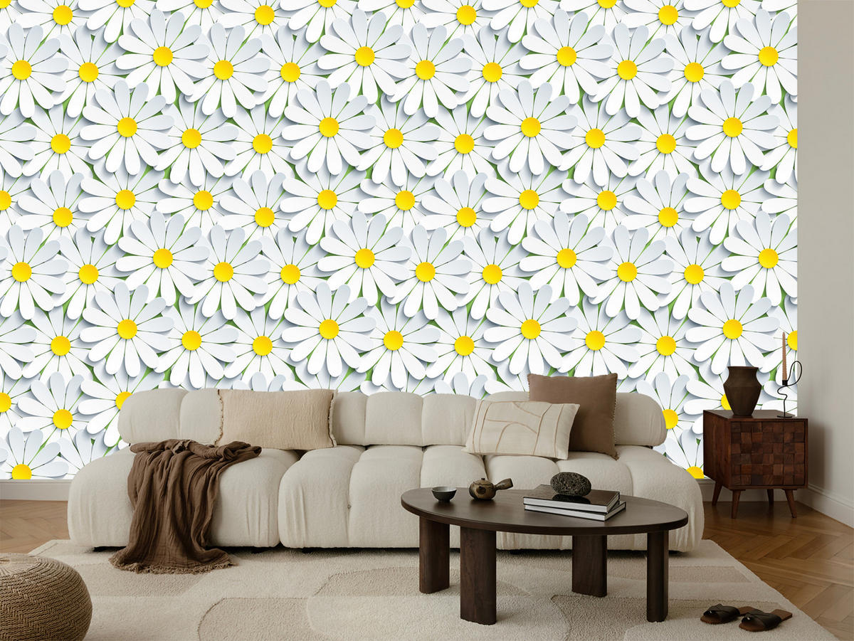 VLIESTAPETE Kamillenblüten – Weiß, Gelb, Grau – 50x1000 cm - Gelb/Weiß, Papier (50/1000cm) - Muralo