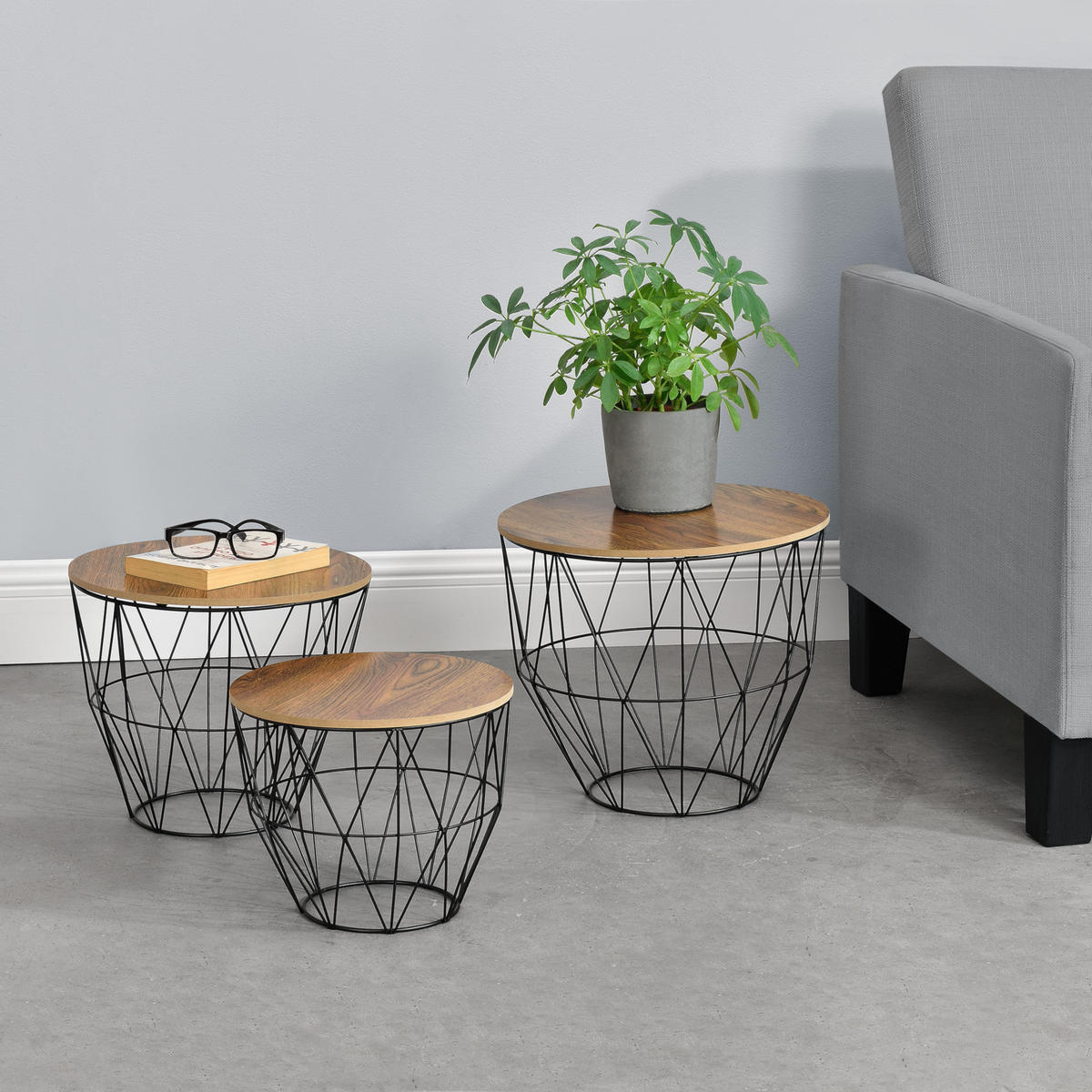 BEISTELLTISCH Padua 3er-Set - Alteiche, Metall (30/30/25cm) - [en.casa]