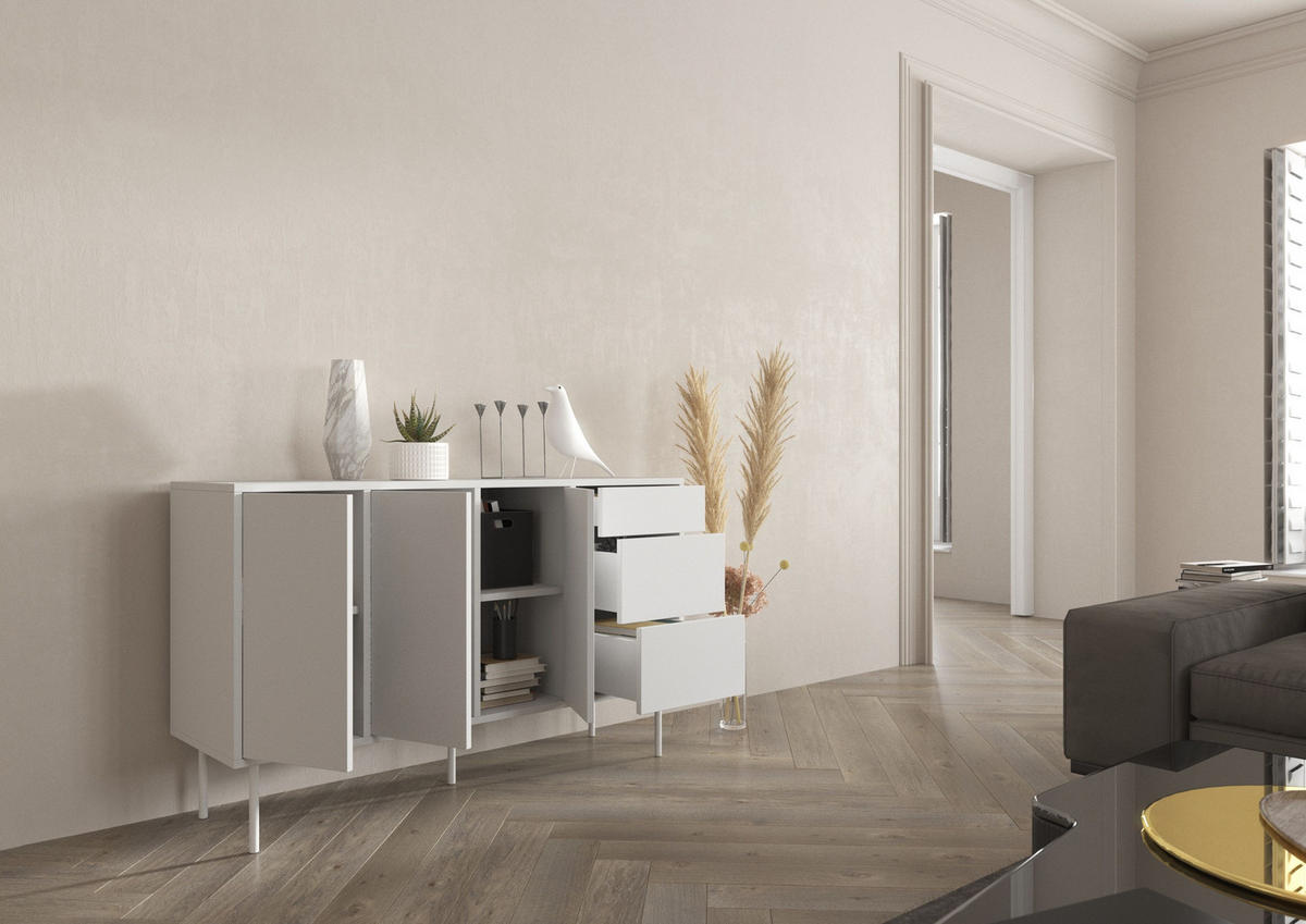 SIDEBOARD Mirka, Weiß, Push to Open System, Minimalistisch - Weiß, Holzwerkstoff/Metall (130/80/40cm) - Dancan