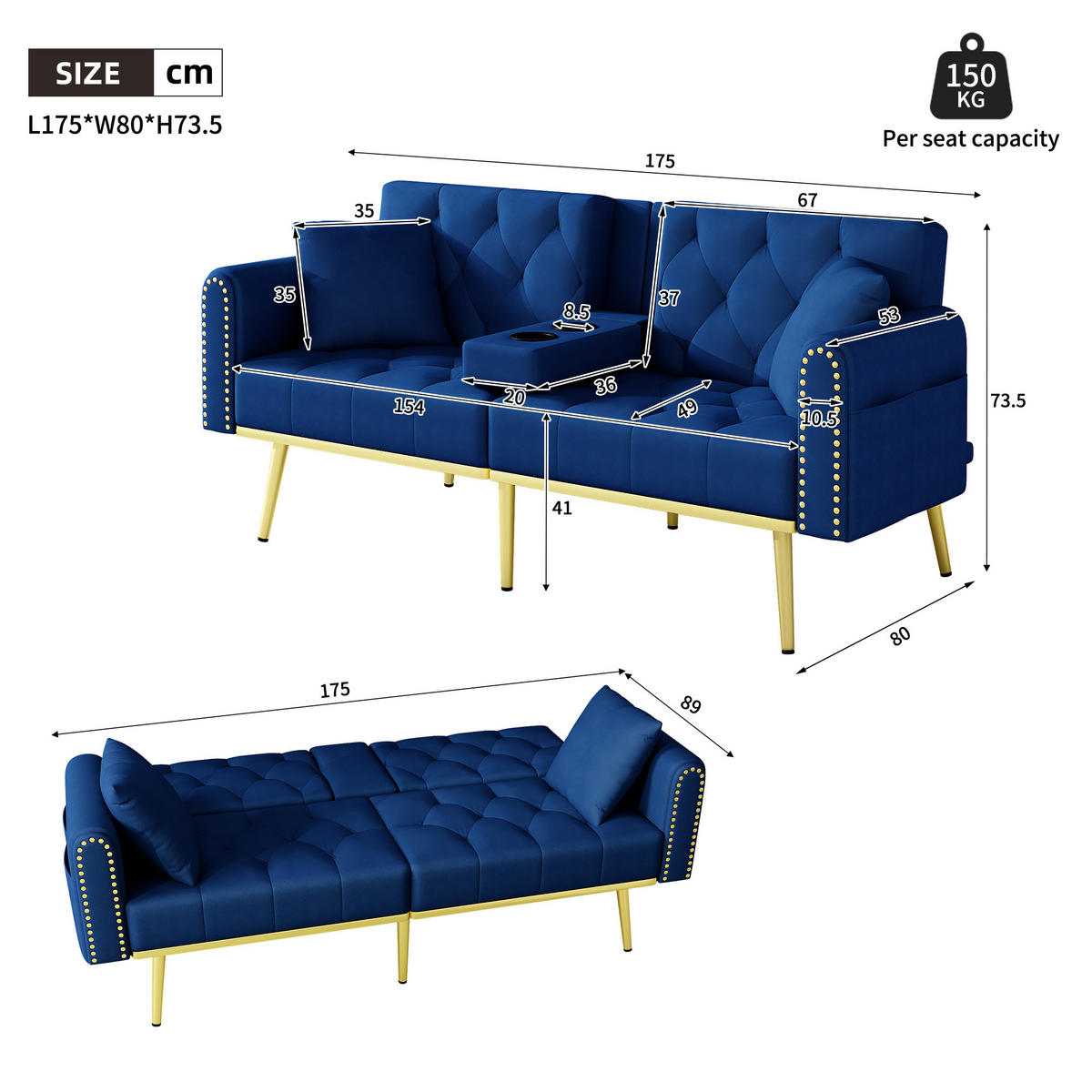 SCHLAFSOFA 175/80/73.5 cm Blau mit drei verstellbaren Neigungswinkeln und Getränkehalter - Blau, Textil (175/73.5/80cm) - Oxeza