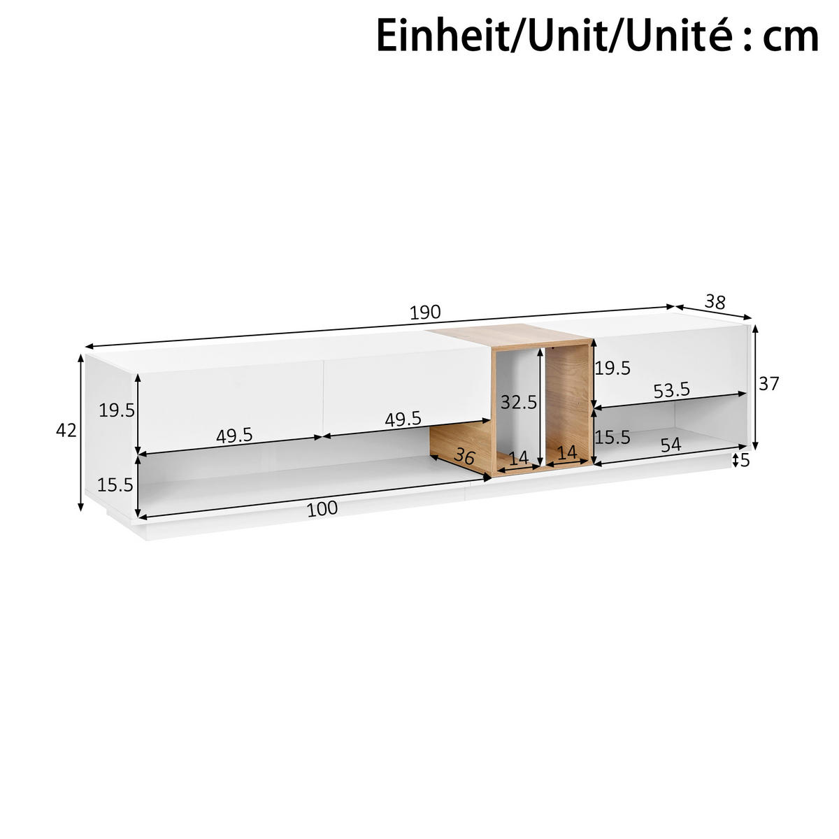 LOWBOARD DE-40196 mit LED und Hochglanzfront Weiß - Weiß, Holzwerkstoff (190/42/38cm) - ComfortXL