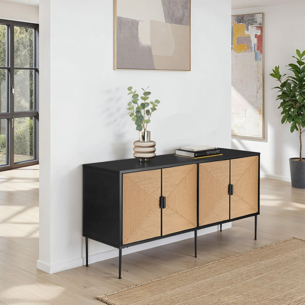 SIDEBOARD Juna,150 x 47 x 77 cm, höhenverstellbare Füße,schwarz/braun - Schwarz/Braun, Holz (150/77/47cm) - tectake