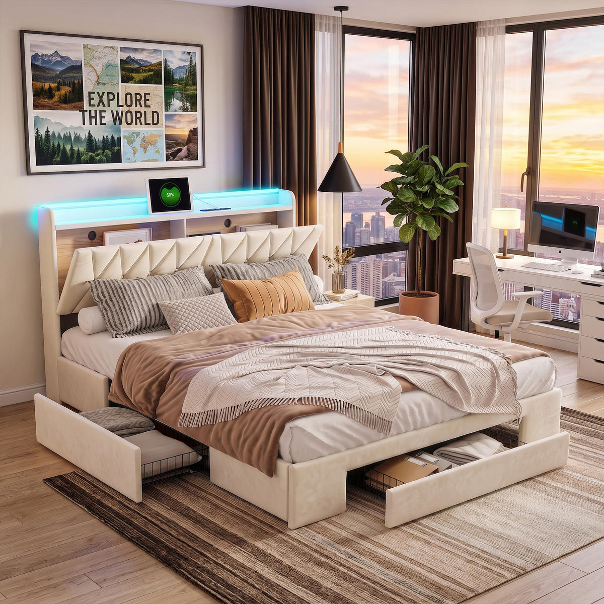 POLSTERBETT 160x200 cm mit 3 Schubladen, bett 160x200 mit USB und LED, Stauraum, Lattenrost, Samt, Beige - Beige, Holz/Textil (160/200cm) - GENKI LIVING