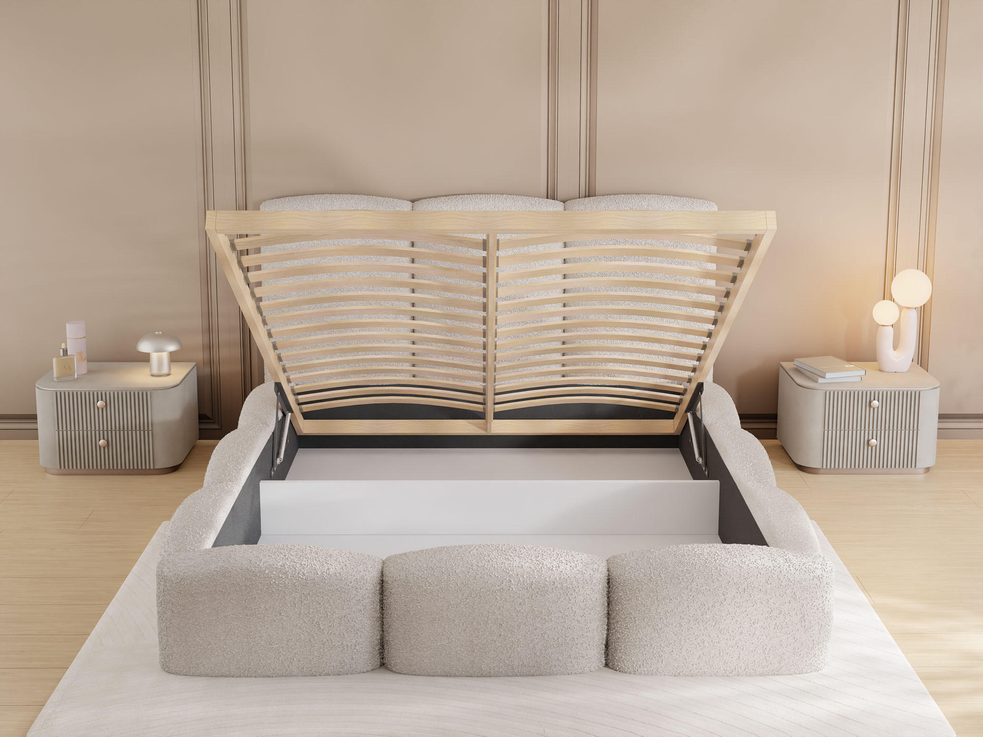 POLSTERBETT Harmony mit Bettkasten, Creme Boucle 160x200 cm - Birkefarben/Schwarz, Holz/Holzwerkstoff (160/200cm) - WFL GROUP