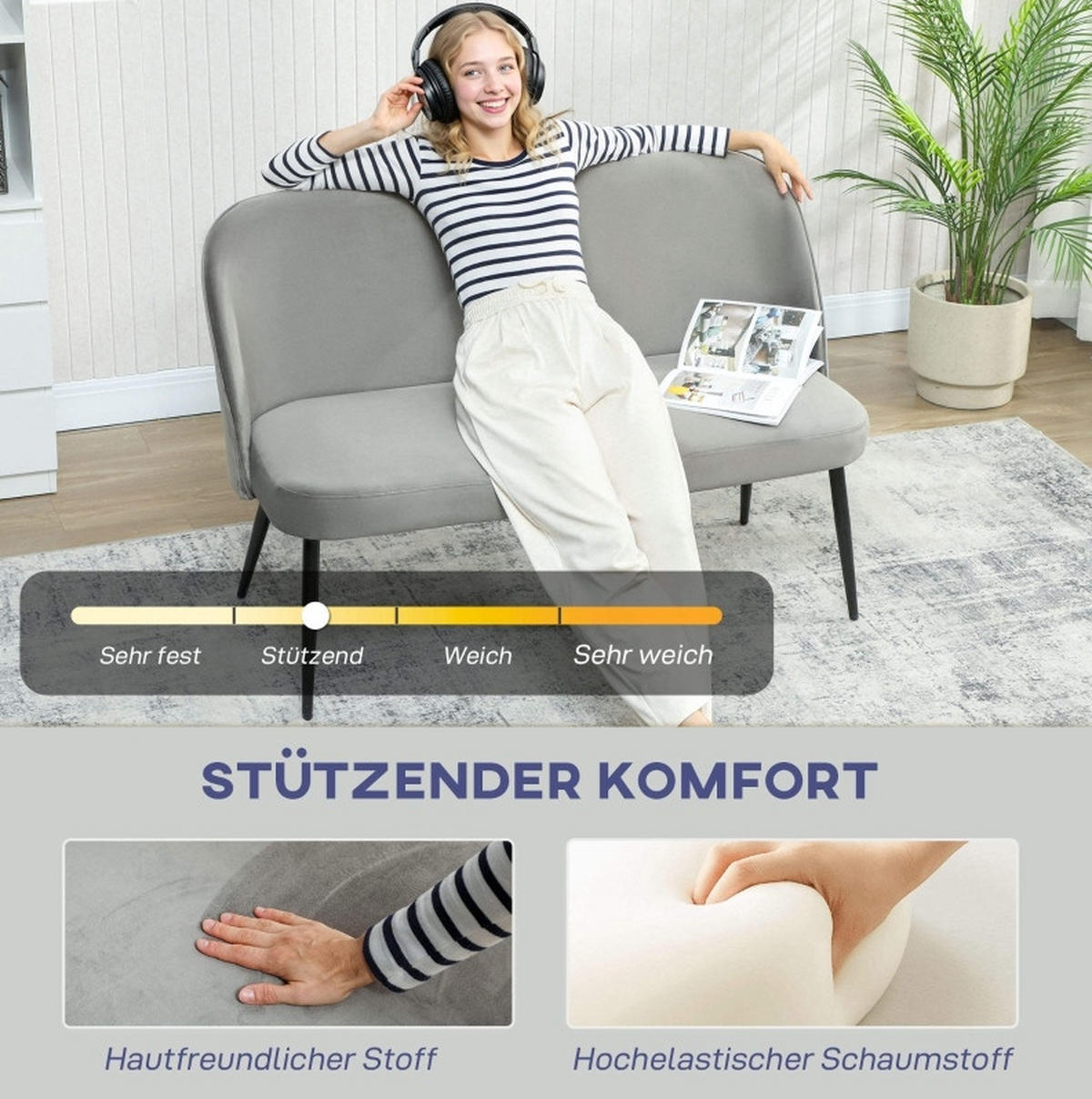 2-SITZER 127/63/84.5 cm Grau aus Metall und Eukalyptusholz - Grau, Metall (63/84.5/127cm) - OKMYHOME