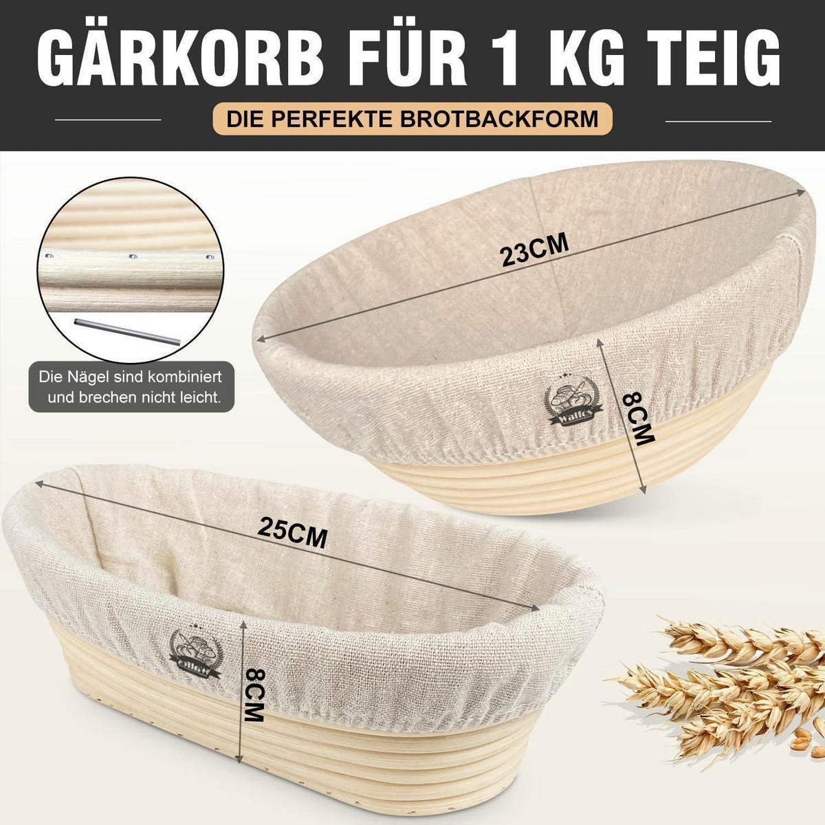 GÄRKÖRB Set 2-teilig Rattan 23cm Rund & 25cm Oval inkl. Zubehör - Creme, Naturmaterialien (25/8/8cm)