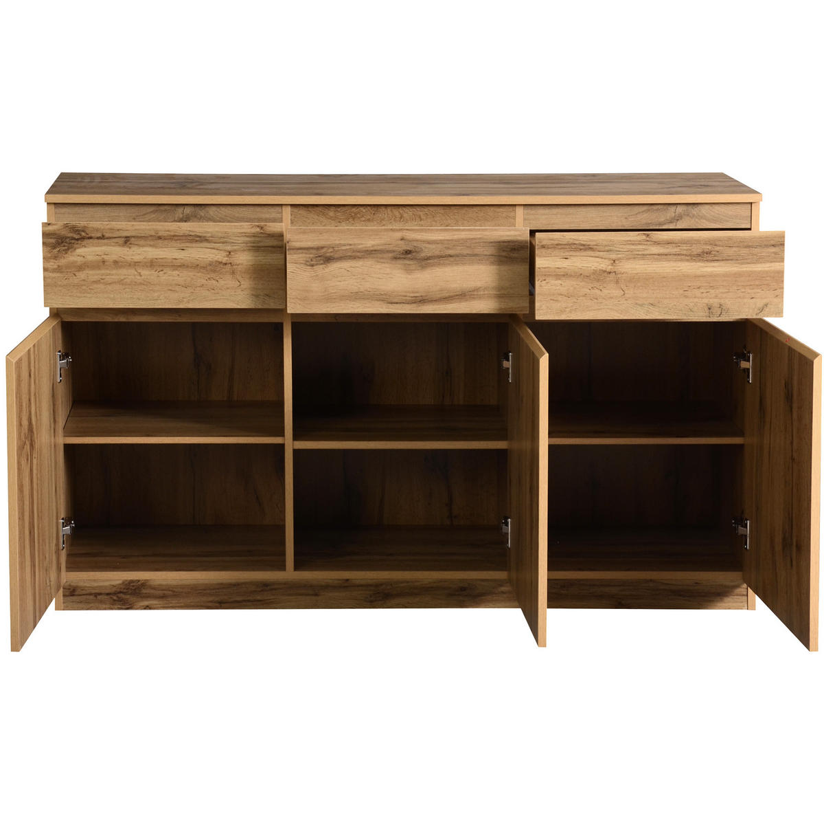KOMODA 135/40/81 cm u boji drveta od iverala s 3 vrata 3 ladice i podesivim policama - prirodne boje, drvni materijal (135/81/40cm) - OKWISH