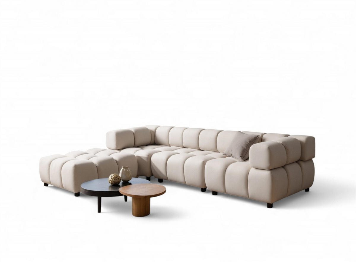 SOFA 3-sitzer Und 1-polsterhocker Flow - Creme, Holzwerkstoff/Textil (288/71/96cm) - Fun Möbel