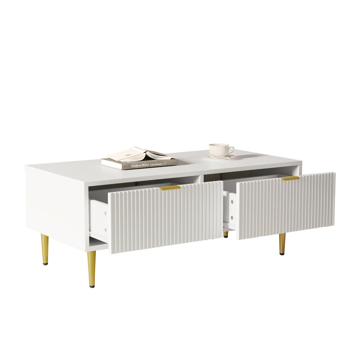 COUCHTISCH 100/50/40 cm mit 2 Schubladen und Ablageboden in Streifenoptik, Weiß/Gold - Weiß, Holzwerkstoff (100/50/40cm) - Redom