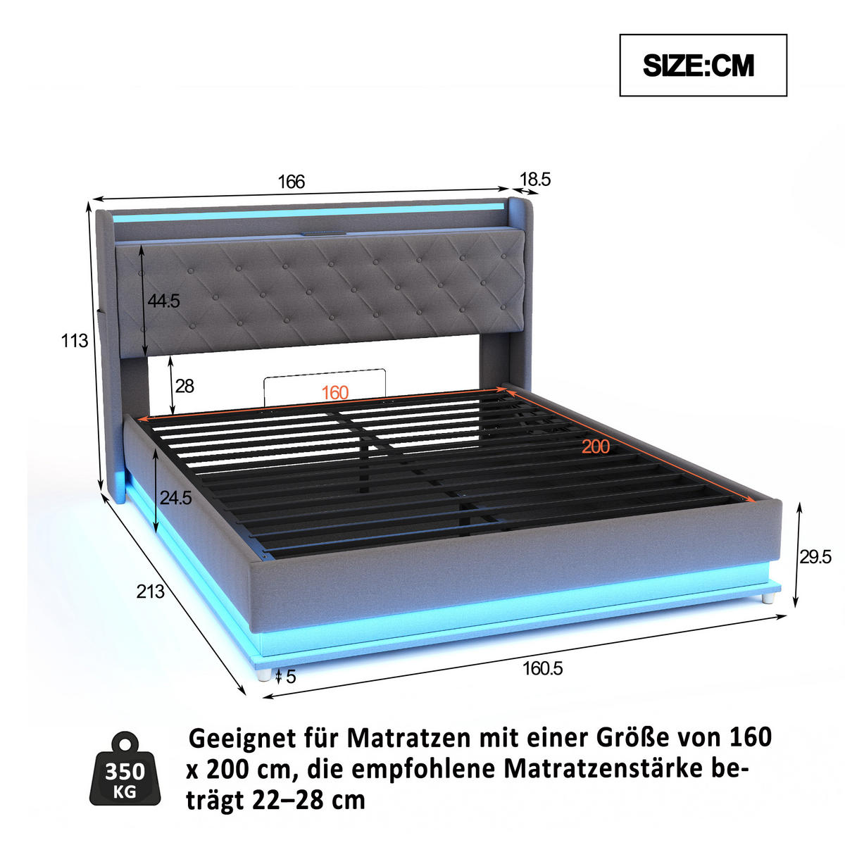 POLSTERBETT 160/200 cm in Grau Leinen mit Bettkasten, LED und USB - Grau, Holzwerkstoff/Textil (160/200cm) - WISHDOR